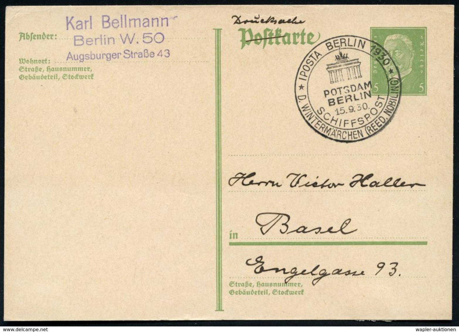 BERLIN/ IPOSTA 1930/ POTSDAM/ BERLIN/ SCHIFFSPOST/ D. WINTERMÄRCHEN (REED. NOBILING) 1930 (15.9.) Seltener SSt = BPA Dam - Schiffahrt