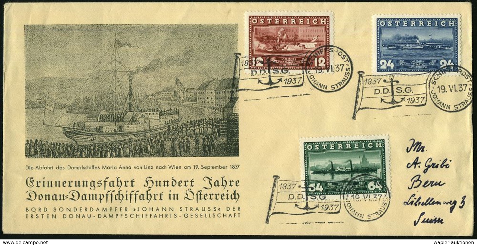 ÖSTERREICH 1937 (19.6.) 1K-BPA: SCHIFFSPOST/JOHANN STRAUSS/D.D.S.G. In Flaggenform Der Reederei-Flagge (Reedereiflagge)  - Schiffahrt