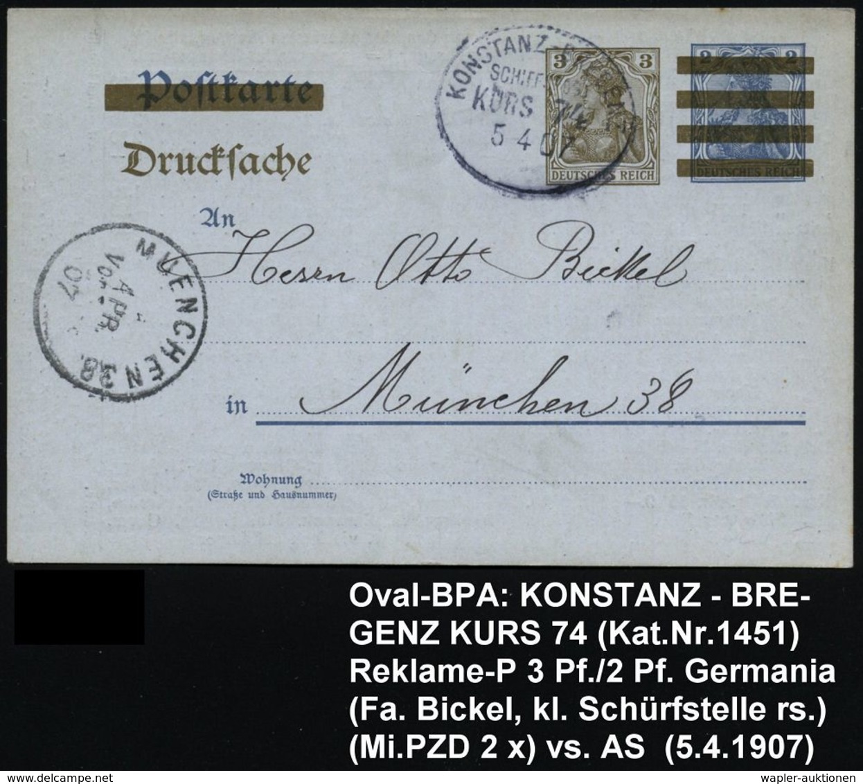 KOSTANZ-BREGENZ/ SCHIFFSPOST/ KURS 74 1907 (5.4.) Oval-BPA Auf Inl.-P 3 Pf./2 Pf. Germania , Rs. Reklame-Zudruck (Marken - Marittimi