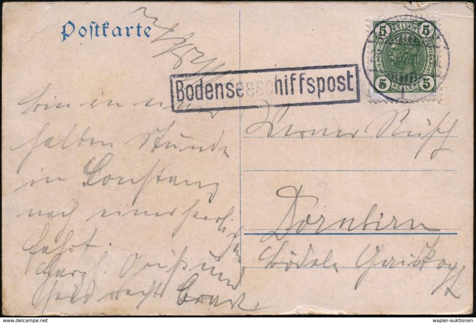 ÖSTERREICH 1907 (27.8.) 5 H. KFJ. Oval, Grün, 1K-Gitter: KONSTANZ/* 1 * + Schw. Ra.: Bodenseeschiffspost (Kat.Nr.1454 =  - Maritiem
