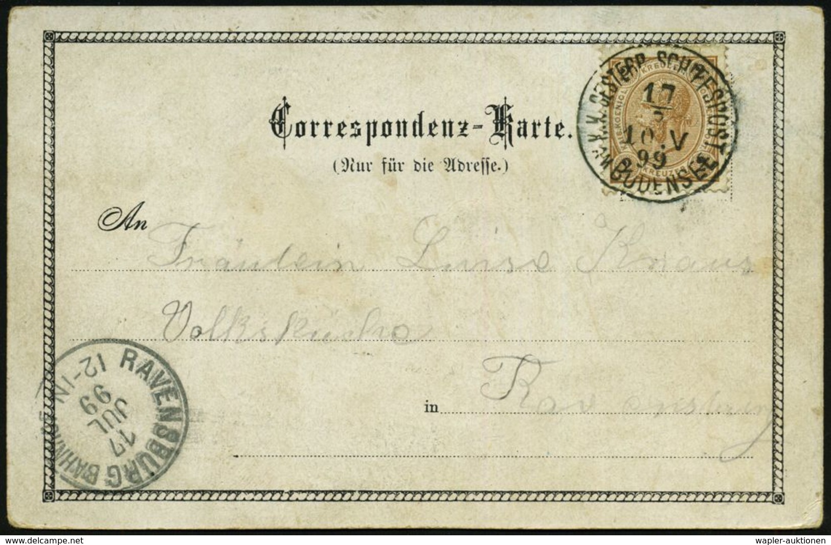 ÖSTERREICH 1899 (17.7.) 1K-BPA: K. K. OESTERR. SCHIFFSPOST/AM BODENSEE (27 Mm) Klar Auf EF 2 Kr. KFJ, Braun, Color-Ausl. - Schiffahrt