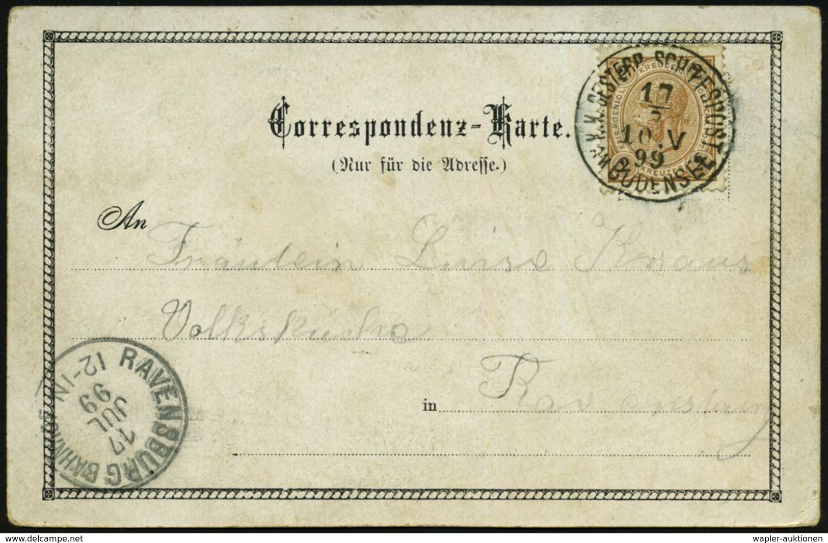 ÖSTERREICH 1899 (17.7.) 1K-BPA: K. K. OESTERR. SCHIFFSPOST/AM BODENSEE (27 Mm) Klar Auf EF 2 Kr. KFJ, Braun, Color-Ausl. - Maritime
