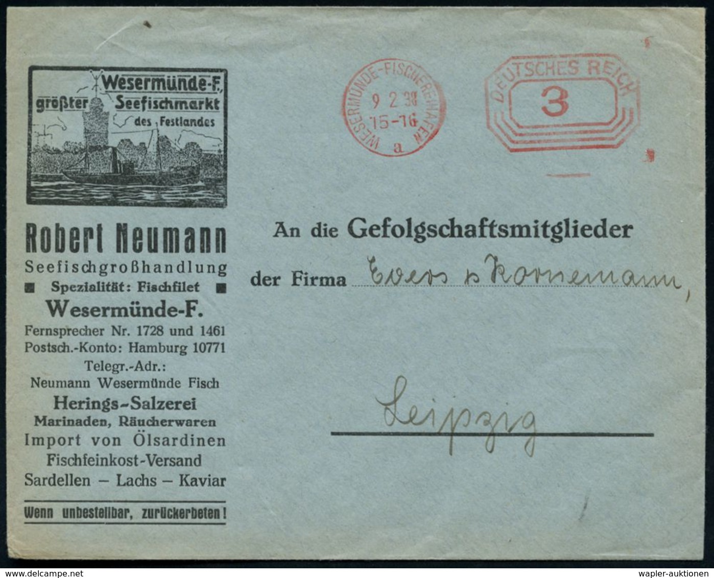 WESERMÜNDE-FISCHEREIHAFEN/ A/ DEUTSCHES REICH 1938 (9.2.) Post-FS 3 Pf. "Achteck"-Wertrahmen Auf Reklame-Bf.: Robert Neu - Marittimi