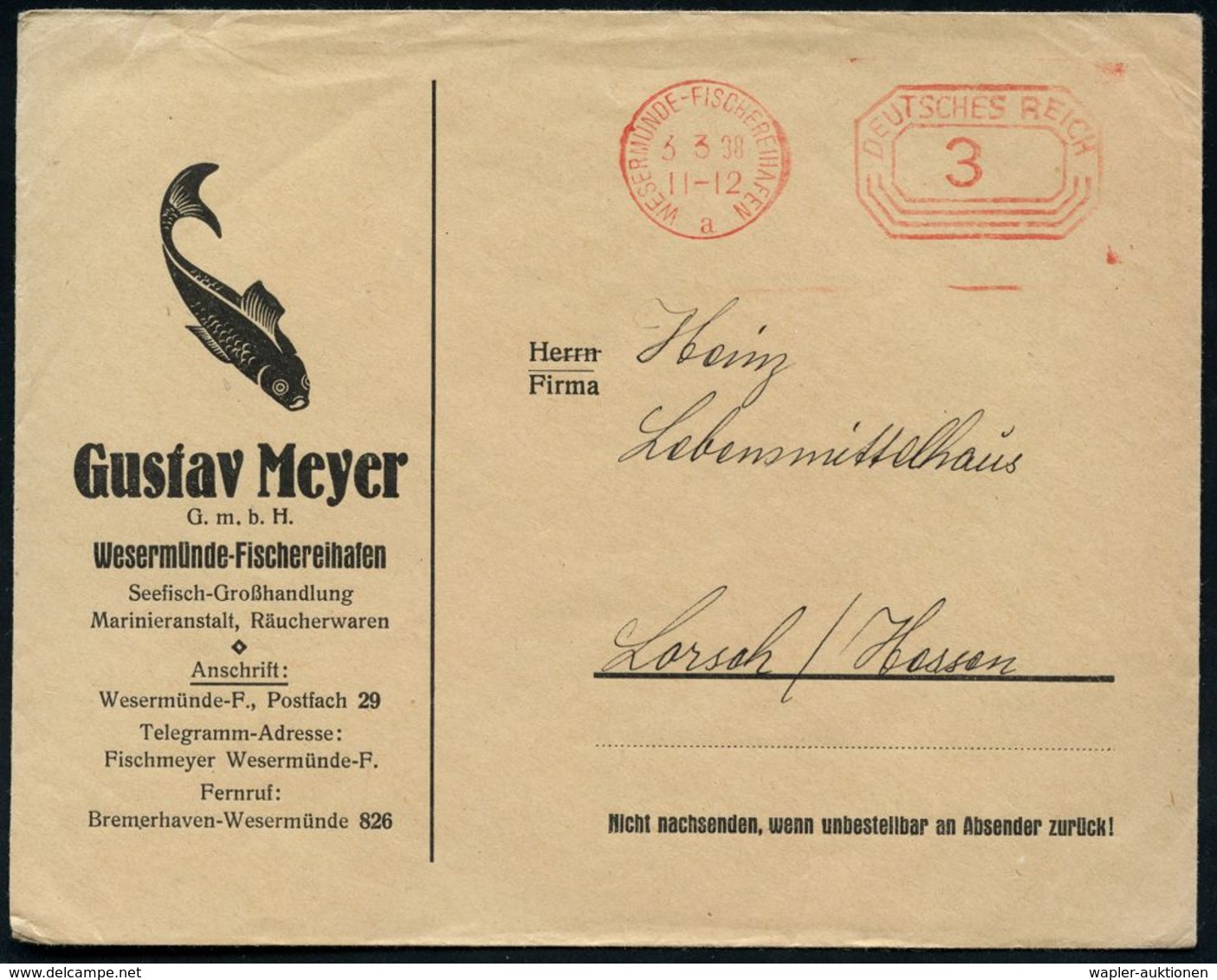 WESERMÜNDE-FISCHEREIHAFEN/ A/ DEUTSCHES REICH 1938 (3.3.) Post-FS "Acteck"-Wertrahmen Auf Reklame-Bf.: Gustav Meyert ..  - Maritiem