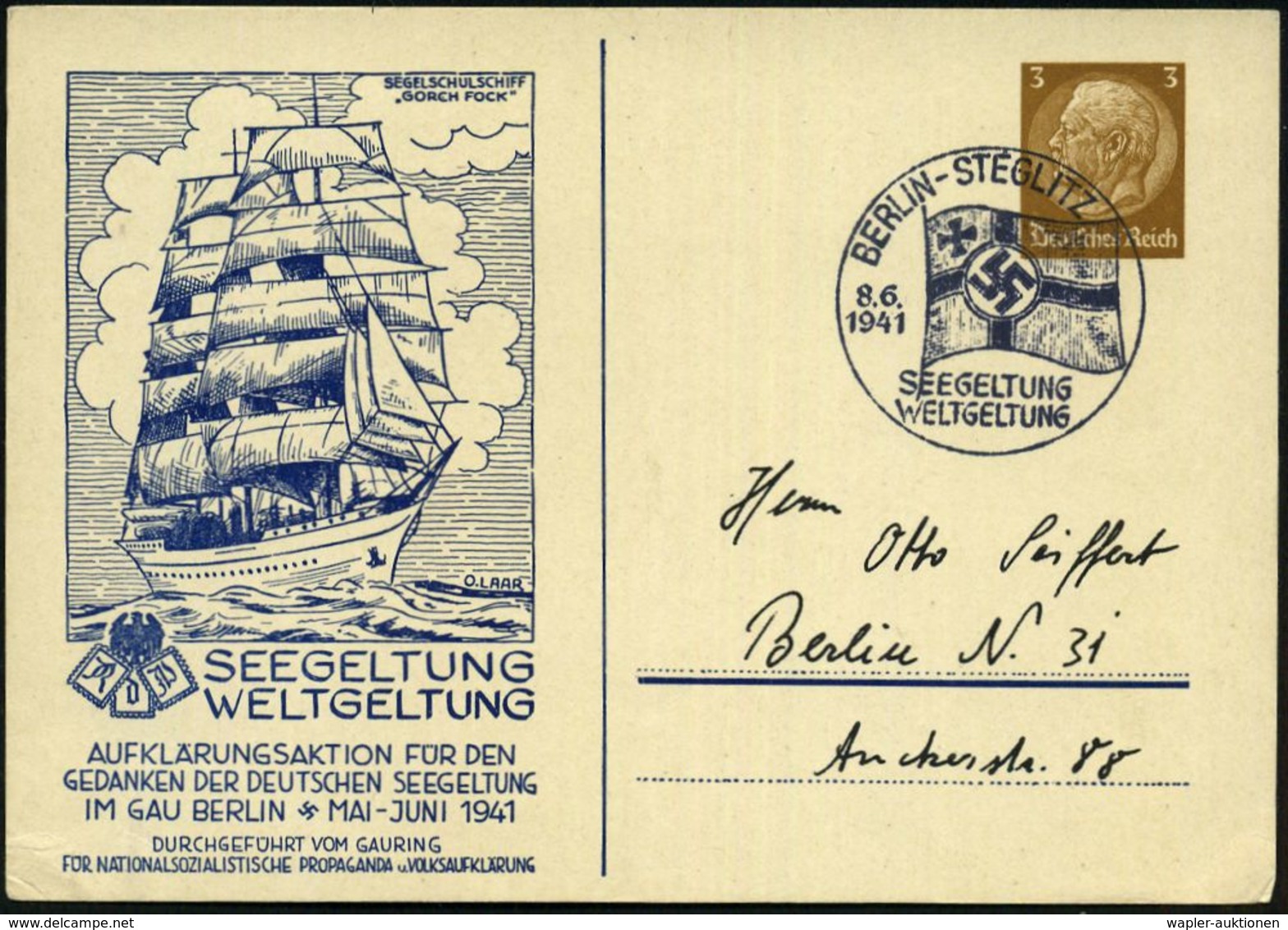 BERLIN-STEGLITZ/ SEEGELTUNG/ WELTGELTUNG 1941 (8.6.) SSt = Seekriegsflagge Auf  PP 3 Pf. Hindenbg.: SEGELSCHUL-SCHIFF/ " - Maritiem