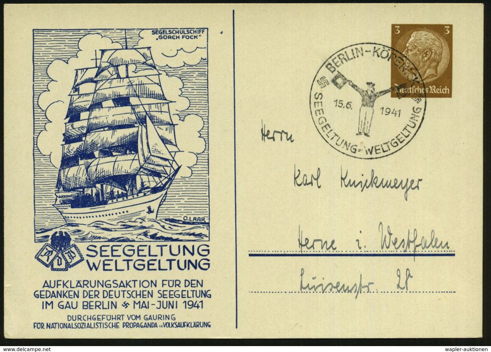 BERLIN-KÖPENICK/ SEEGELTUNG-WELTGELTUNG 1941 (15.6.) SSt = Signalgast Auf PP 3 Pf. Hindenbg.: SEGELSCHUL-SCHIFF "GORCH F - Marítimo