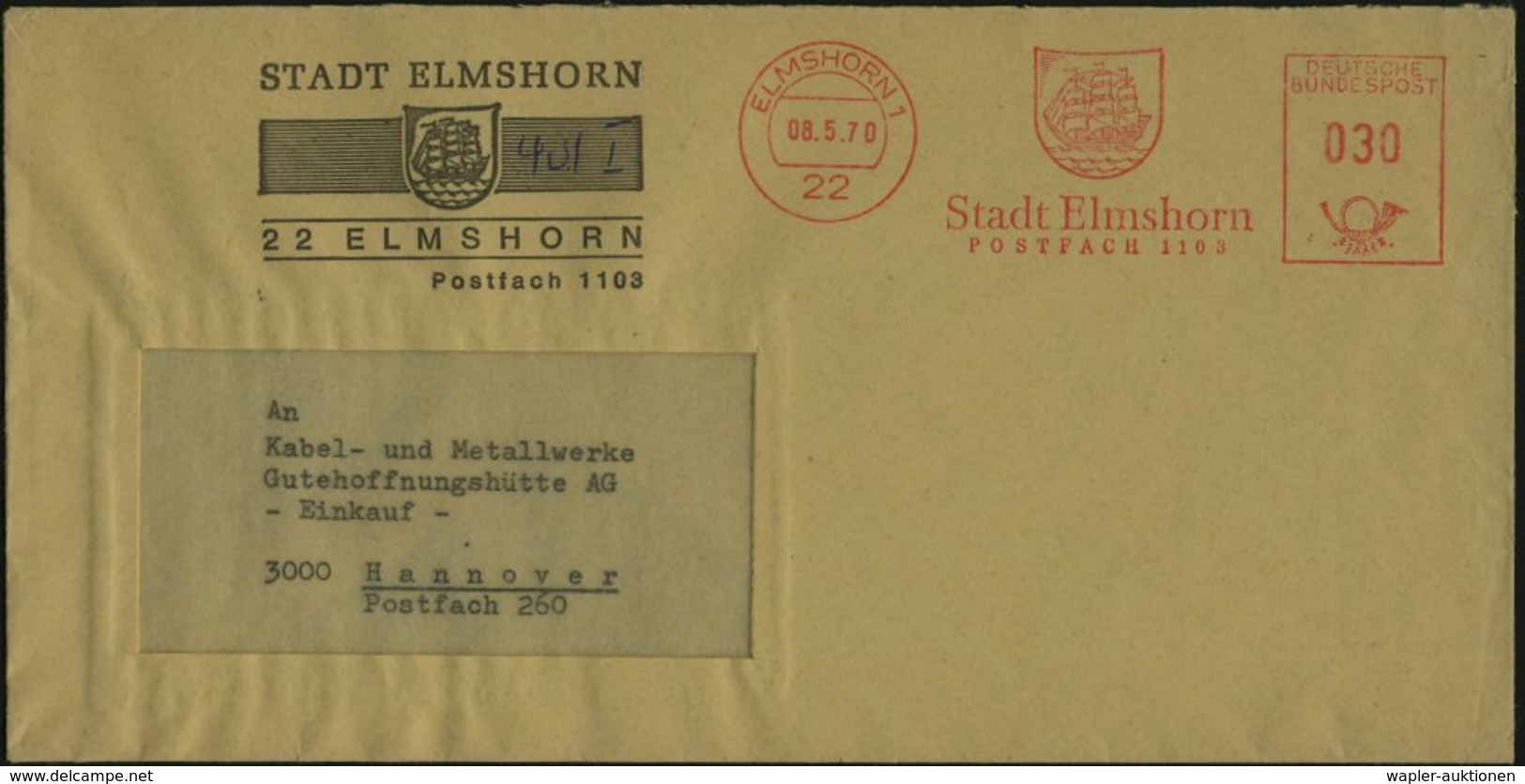 22 ELMSHORN 1/ Stadt Elmshorn 1970 (8.5.) AFS = Dreimast-Windjammer Auf Dekorativem, Motivgl. Kommunal. SU.  (Dü.E-23CO) - Schiffahrt