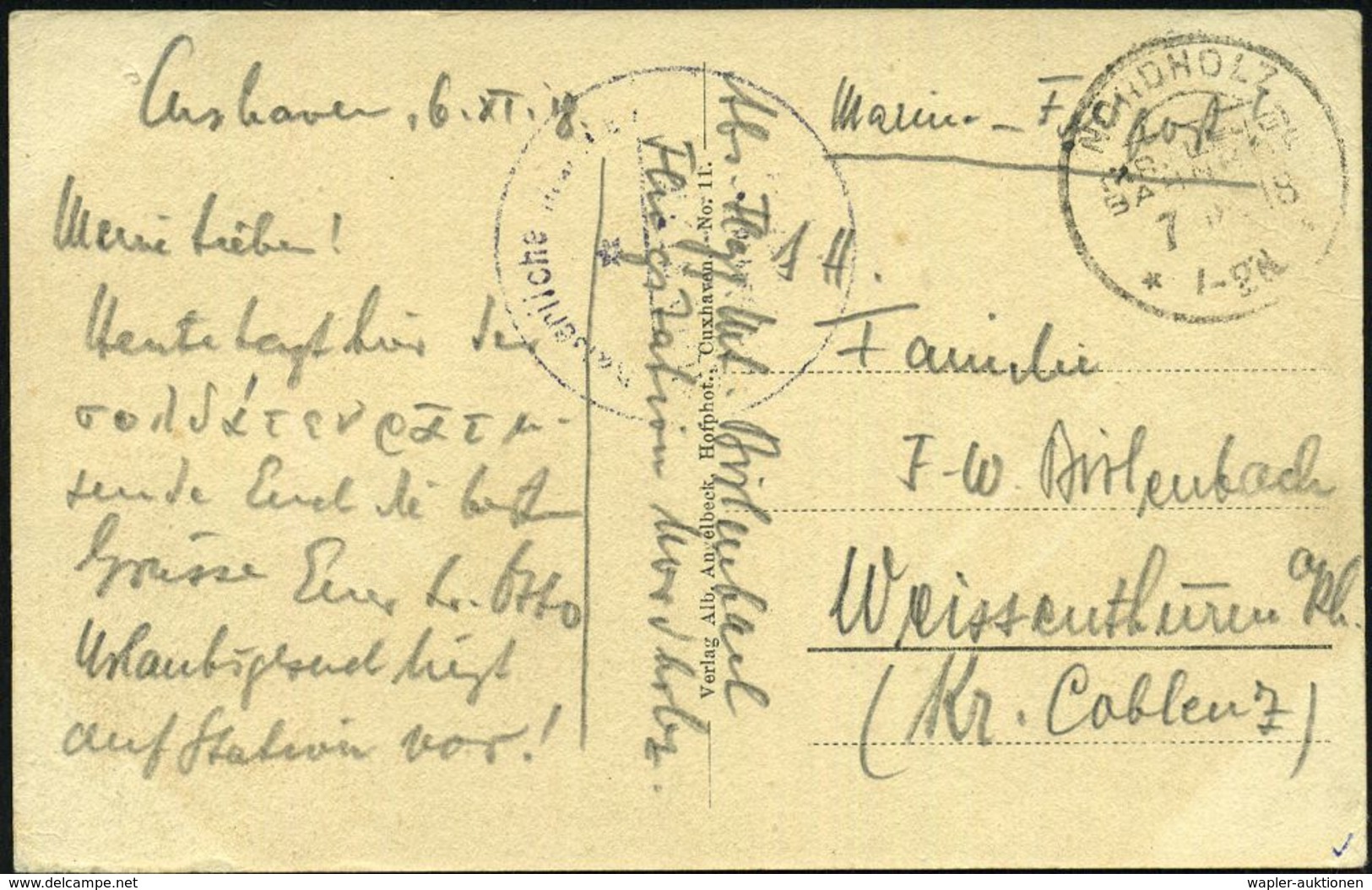 Cuxhaven 1918 (6.11.) Foto-Ak.: Leuchtturm , 1K-Segm.: NORDHOLZ/(KR. LEHE)/BAHNHOF, Sehr Späte Marine-Feldpost-Kt.! - LE - Fari