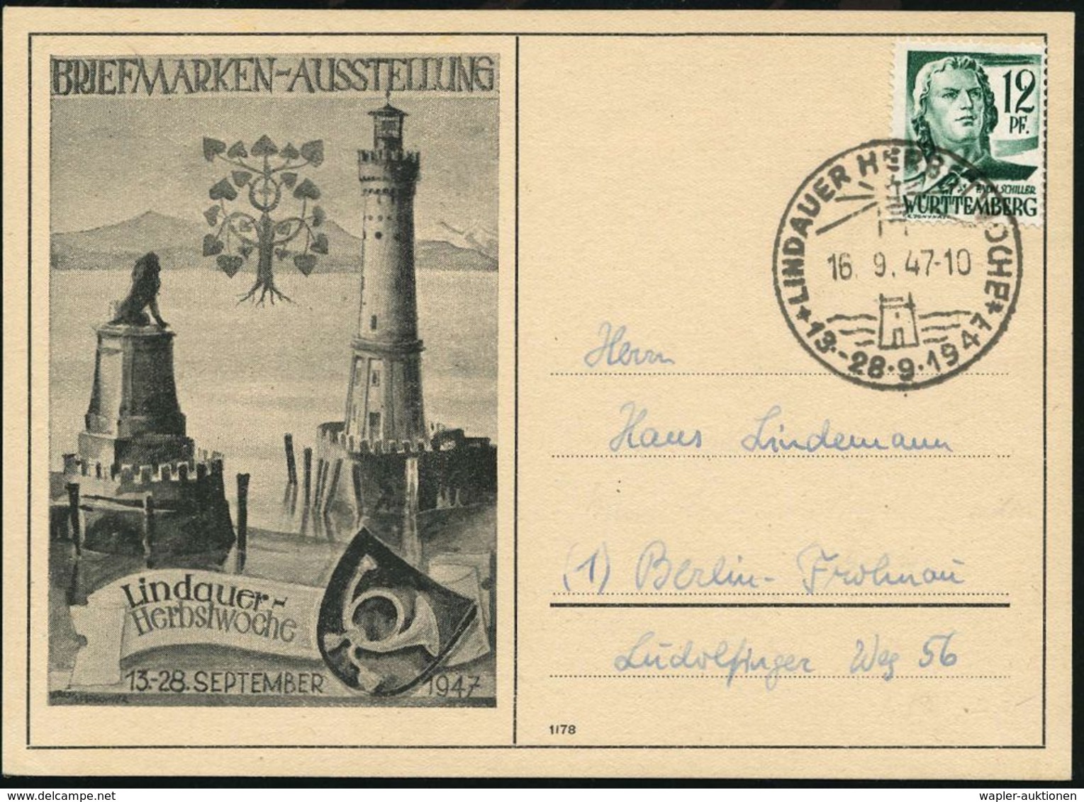 Lindau 1947 (Sept.) SSt: LINDAUER HERBSTWOCHE = Leuchtturm Auf Motiv-ähnl. Sonder-Kt. In Grauschwarz (Michaelis Nr.2 D,  - Vuurtorens