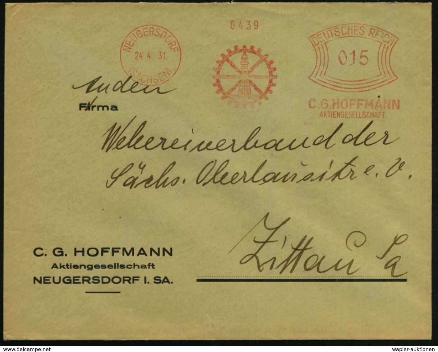 NEUGERSDORF/ (SACHSEN)/ C.G.HOFFMANN/ AG 1931 (24.4.) Dekorativer AFS = Leuchtturm (vor Zahnrad) Auf Firmen-Bf. (Dü.E-1C - Fari