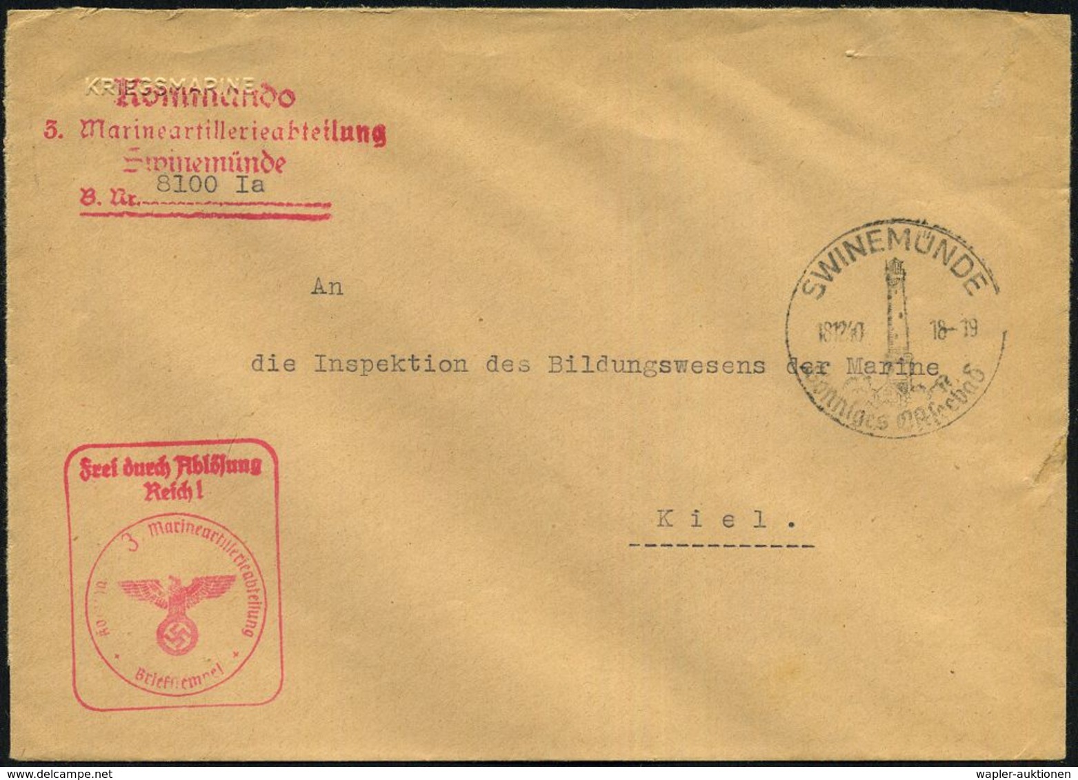 SWINEMÜNDE/ Sonniges Ostseebad 1940 (18.12.) HWSt = Leuchtturm + 2 Verschiedene Rote HdN: FdAR!/ Kommando 3. Marineartil - Fari
