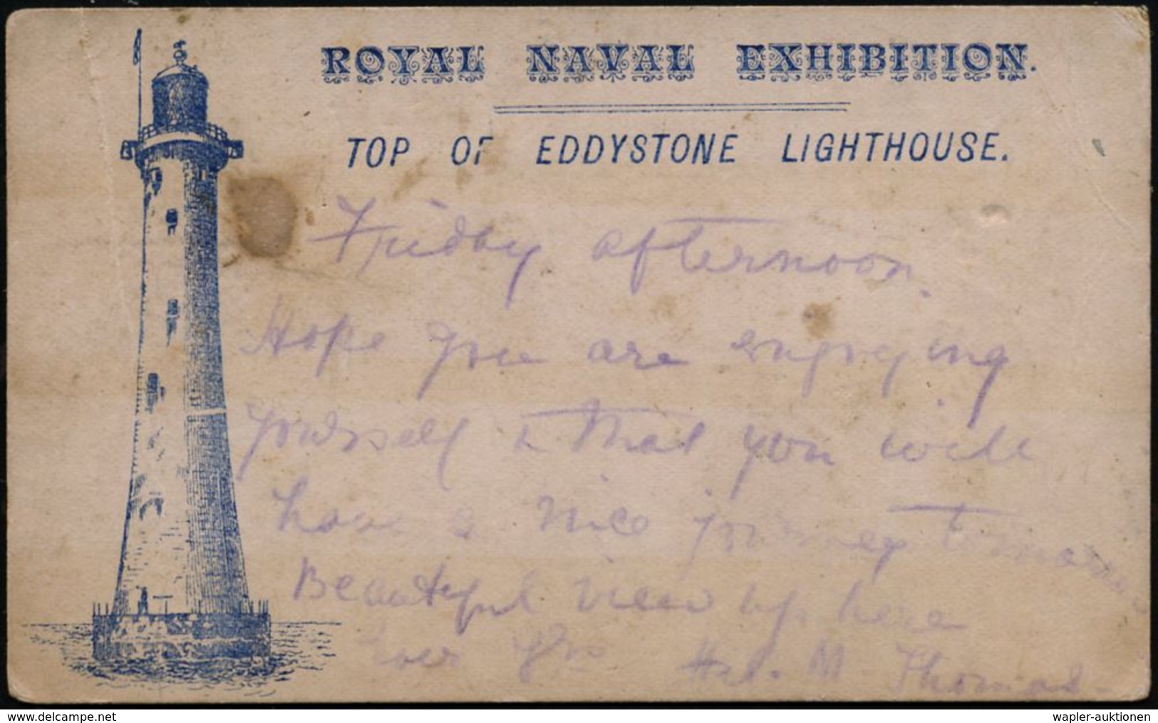 GROSSBRITANNIEN 1891 (4.9.) Blauer SSt.: LONDON. S.W./ROYAL NAVAL EXHIBITION/POST OFFICE/EDDYSTONE LIGHTHOUSE = Leuchttu - Fari