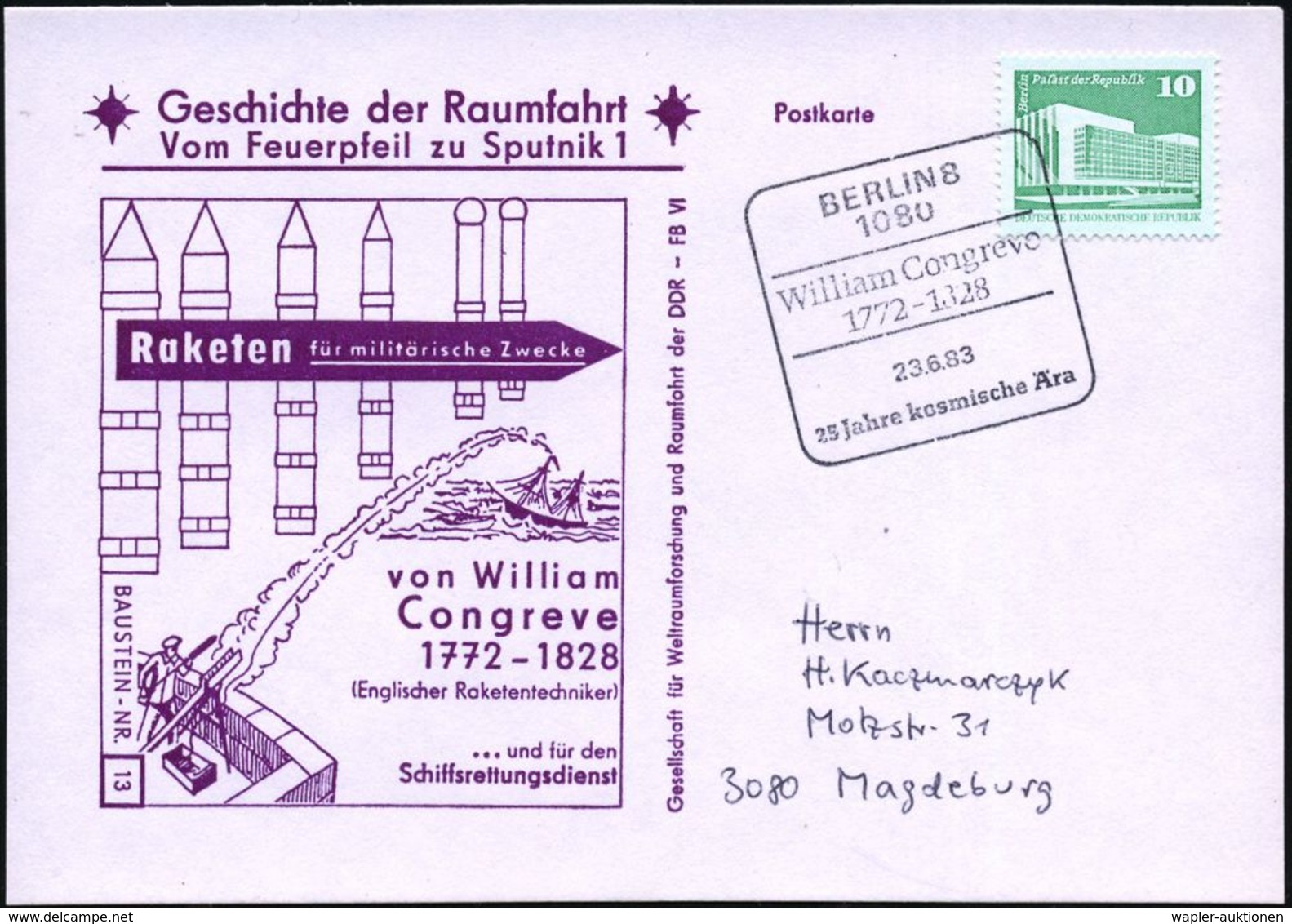 1080 BERLIN 8/ William Congreve/ 1772-1828 1965 (23.6.) SSt Auf Sonder-Kt.: Congreves Militär- U. Schiffs-Rettungs-Raket - Marítimo