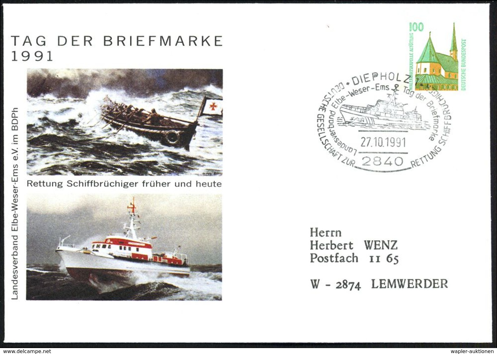 2840 DIEPHOLZ 1/ ..Tag D.Briefm./ DT.GES.ZUR RETTUNG SCHIFFBRÜCHIGER 1991 (27.10.) SSt = Rettungskreuzer Auf PU 100 Pf.  - Marittimi