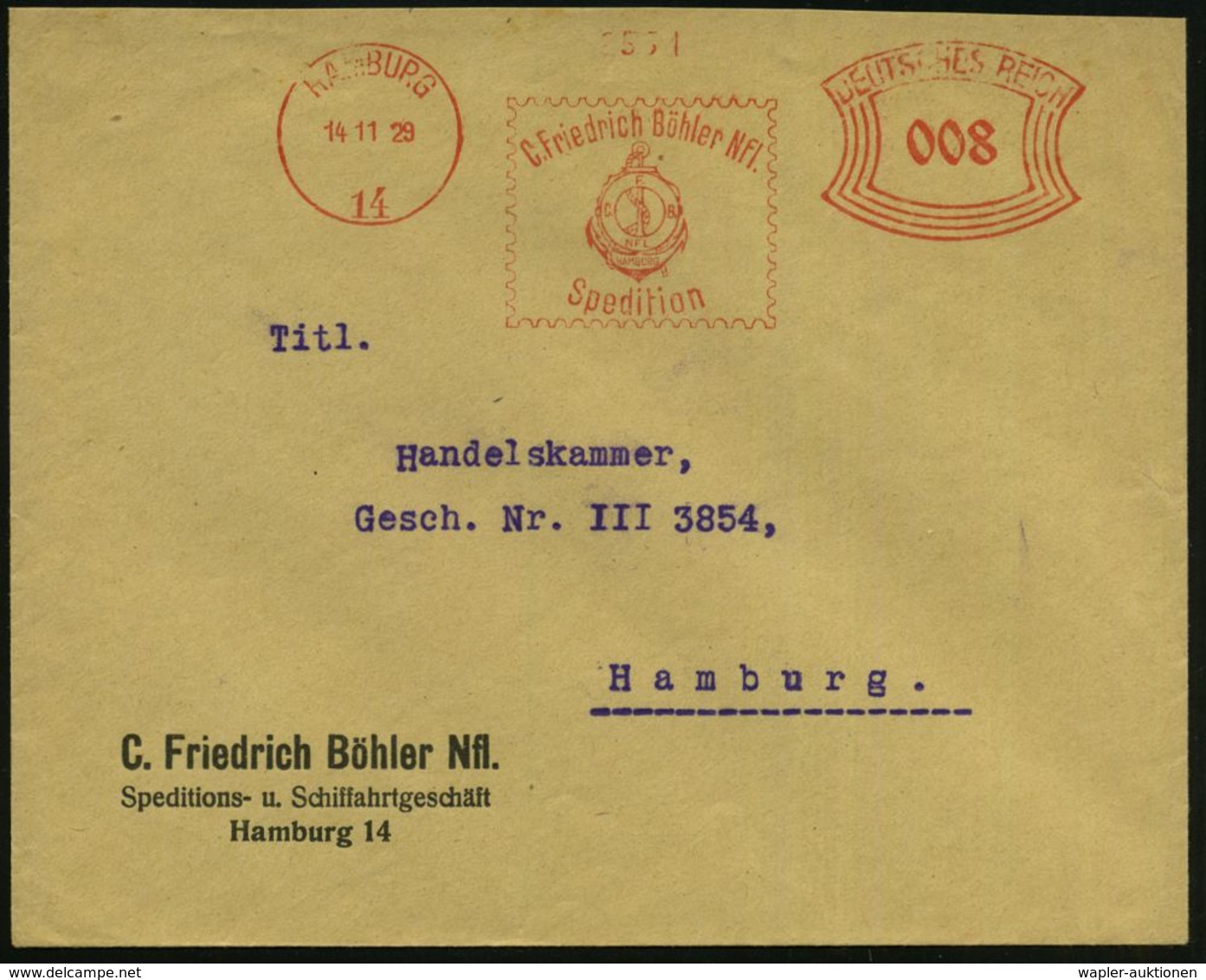 HAMBURG/ 14/ C.Friedr.Böhler Nfl./ Spedition 1929 (14.11.) AFS = Rettungsring (vor Anker) Klar Auf Orts-Firmenbf. (Dü.E- - Maritiem