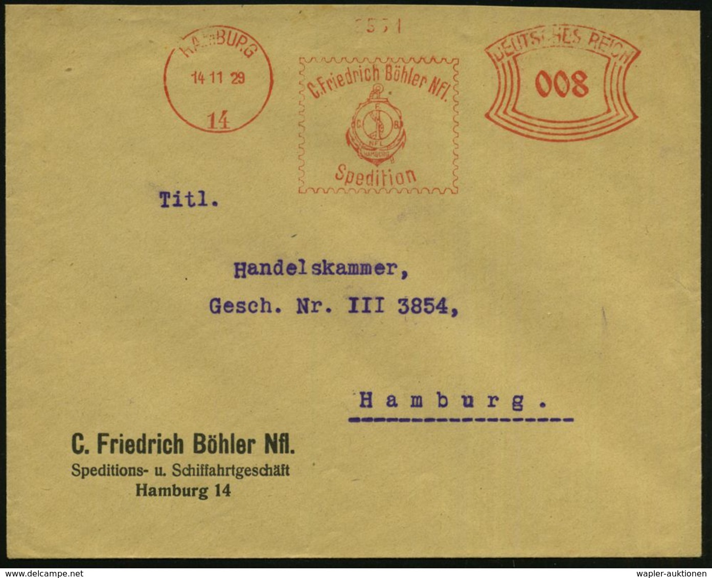 HAMBURG/ 14/ C.Friedr.Böhler Nfl./ Spedition 1929 (14.11.) AFS = Rettungsring (vor Anker) Klar Auf Orts-Firmenbf. (Dü.E- - Maritime