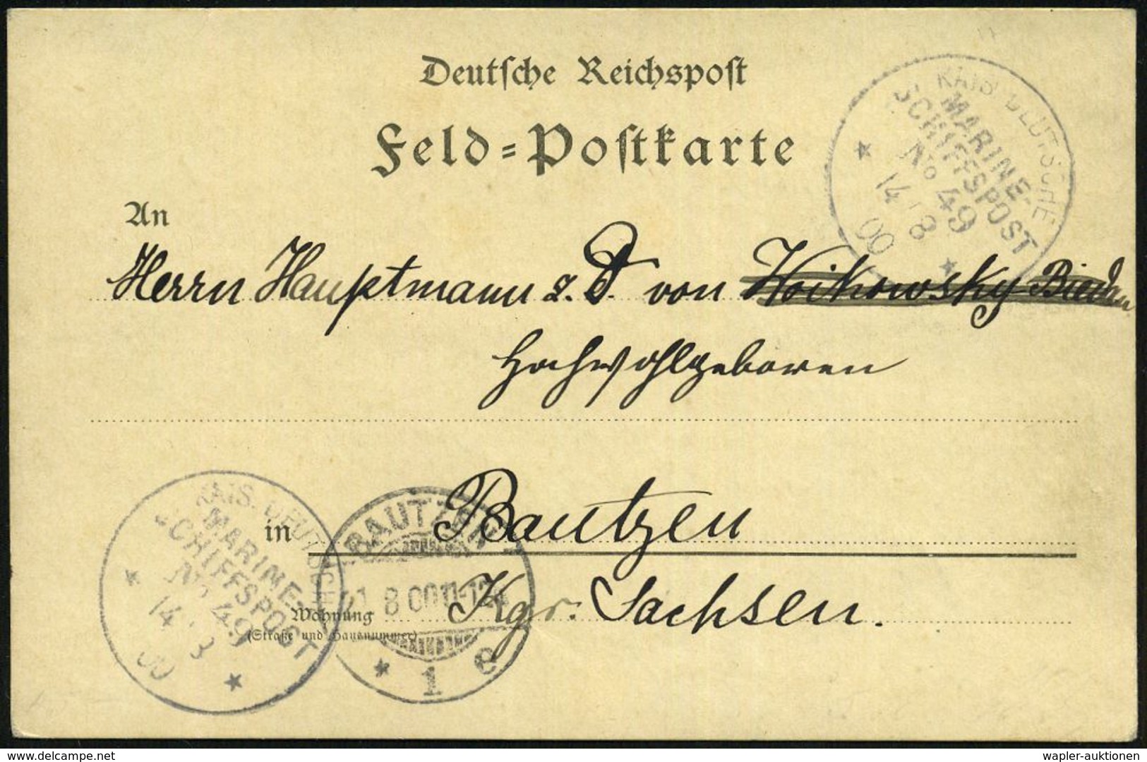 DEUTSCHES REICH 1900 (14.8.) 1K-BPA: KAIS. DEUTSCHE/MARINE-/SCHIFFSPOST/No.49/** = Gecharterter NDL-Versorgungs-Dampfer  - Maritiem