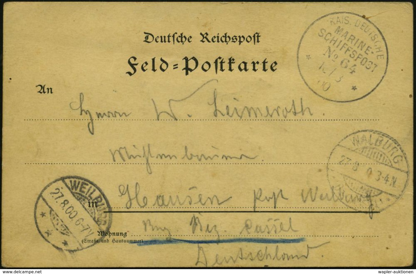 DEUTSCHES REICH 1900 (16.8.) 1K-BPA: KAIS. DEUTSCHE/MARINE-/SCHIFFSPOST/No.64/** = NDL-Dampfer "H.H.Meier" = Versorger,I - Marittimi