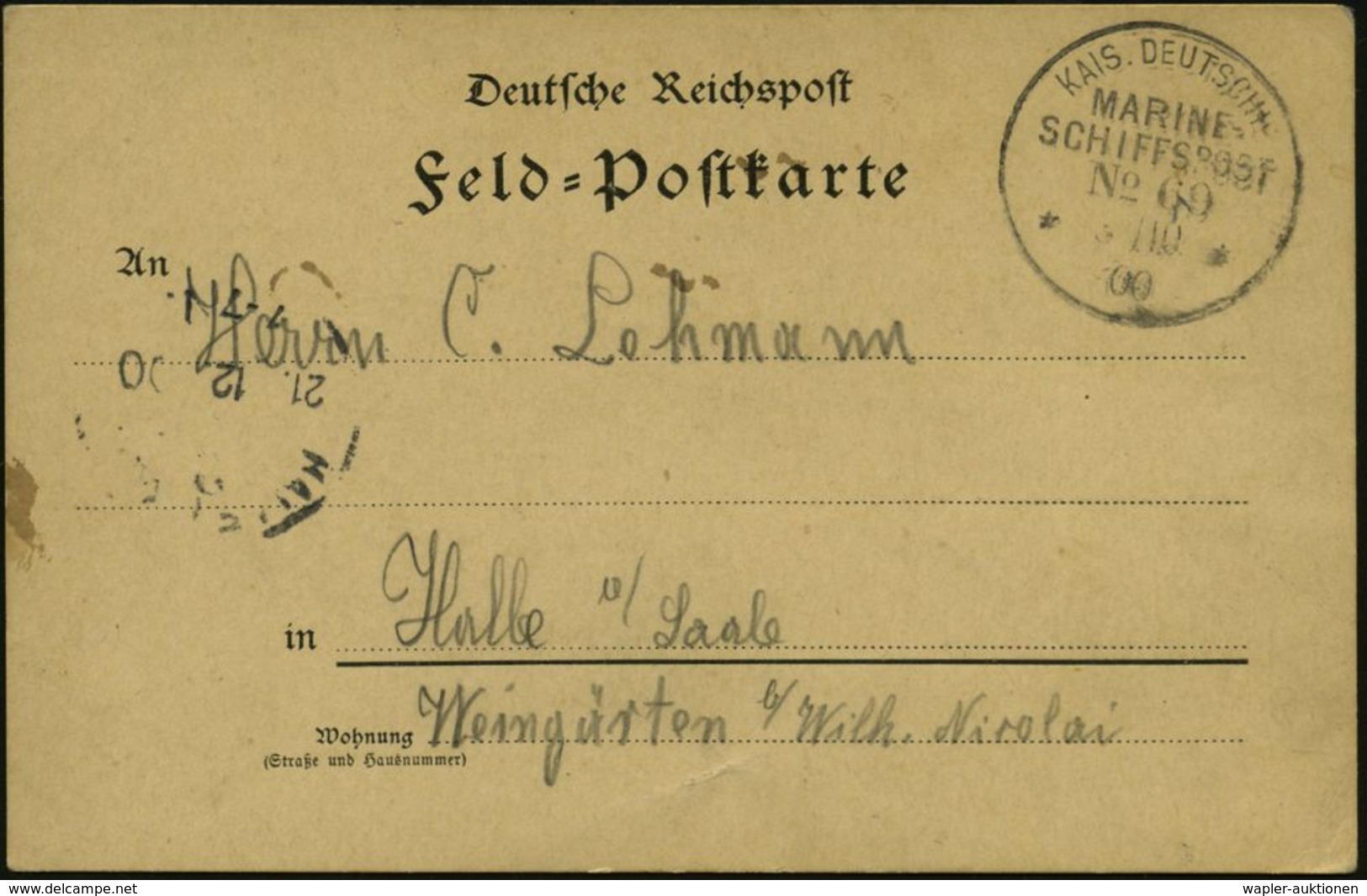 DEUTSCHES REICH 1900 (6.10.) 1K-BPA: KAIS. DEUTSCHE/MARINE-/SCHIFFSPOST/No.69/** = NDL-Dampfer "Roland" ,Versorger, II.  - Schiffahrt