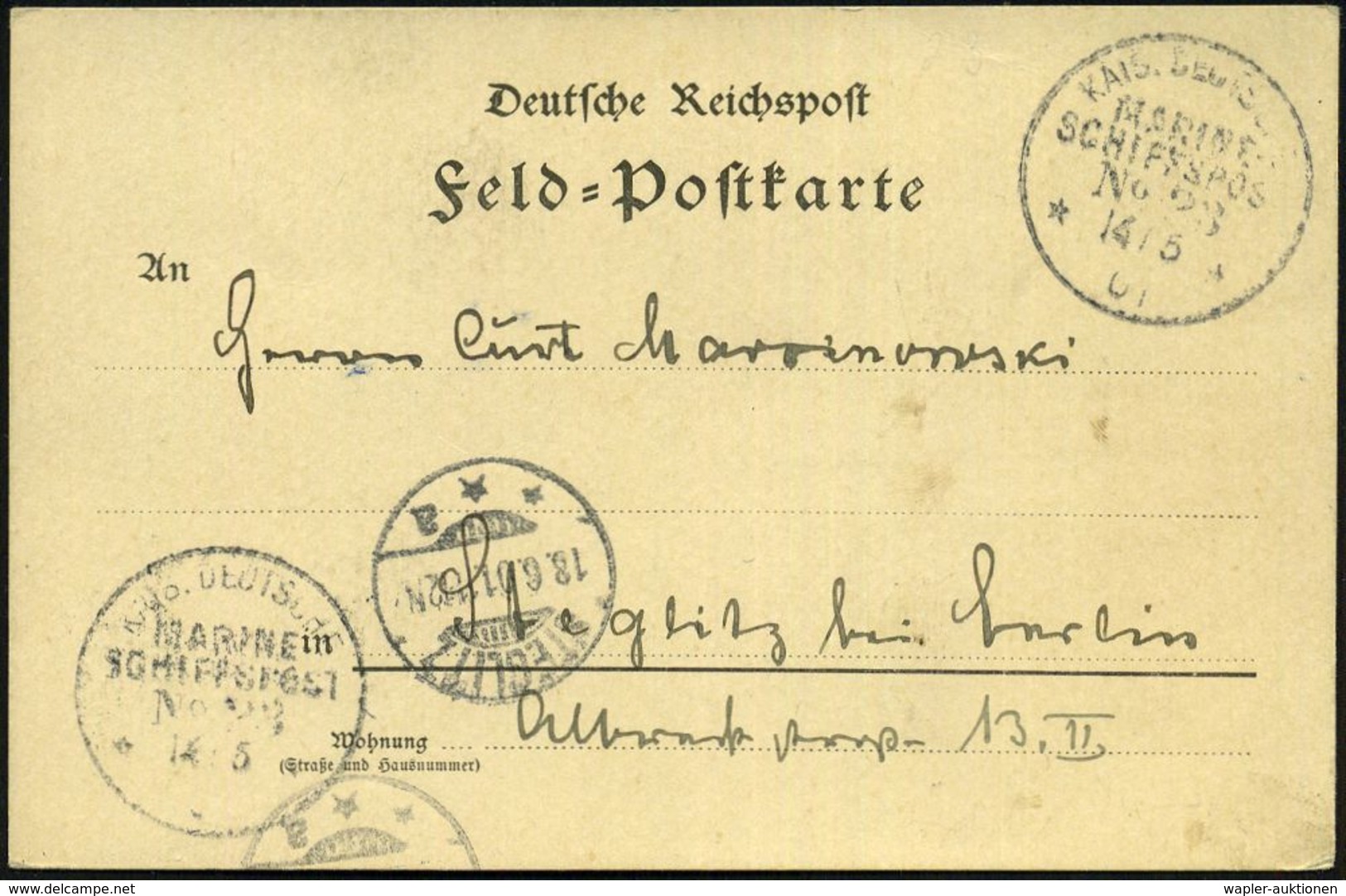 DEUTSCHES REICH 1901 (14.5.) 1K-BPA: KAIS. DEUTSCHE/MARINE-/SCHIFFSPOST/No.23/** = S.M.S. "Wörth", Linieschiff, Einsatz  - Maritiem