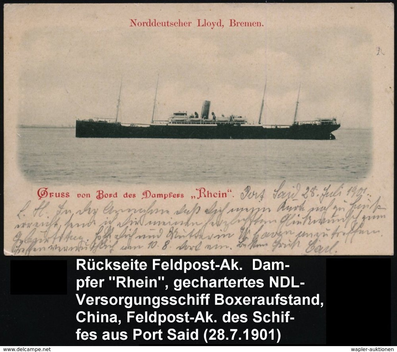 DEUTSCHES REICH 1901 (28.7.) 1K-BPA: KAIS. DEUTSCHE/MARINE-/SCHIFFSPOST/No.26/** = Dampfer "Rhein" = Gecharterter NDL-Ve - Schiffahrt