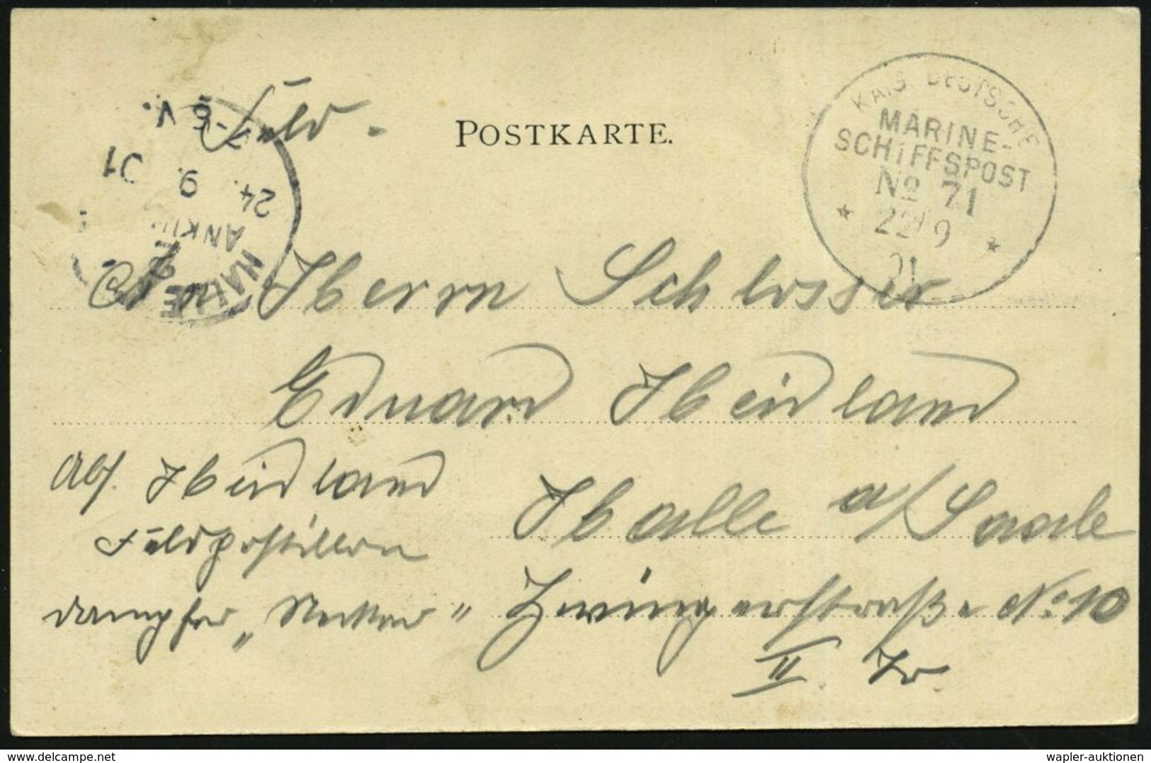 DEUTSCHES REICH 1901 (22.9.) 1K-BPA: KAIS. DEUTSCHE/MARINE-/SCHIFFSPOST/No.71/** = NDL-Dampfer "Neckar"  = Gecharterter  - Maritiem