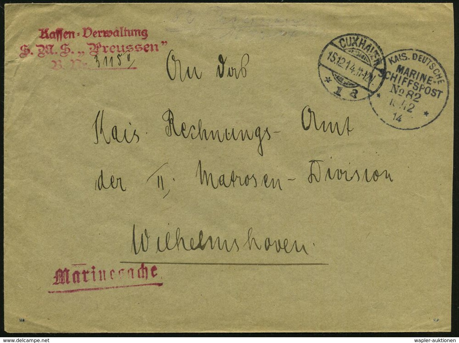 CUXHAVEN/ *1a 1914 (15.12.) 1K-Gitter + 1K-BPA: KAIS. DEUTSCHE/MARINE-/ SCHIFFSPOST/No. 82/** = S.M.S. "Preussen", Linie - Maritiem