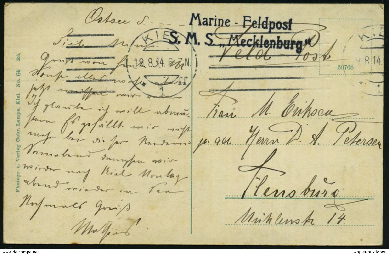 KIEL/ *1ff 1914 (19.8.) Bd.MaSt. + Seltener, Viol. Bord-2L: Marine-Feldpost/ S.M.S. "Mecklenburg" (= MSP No. 137) Linien - Schiffahrt