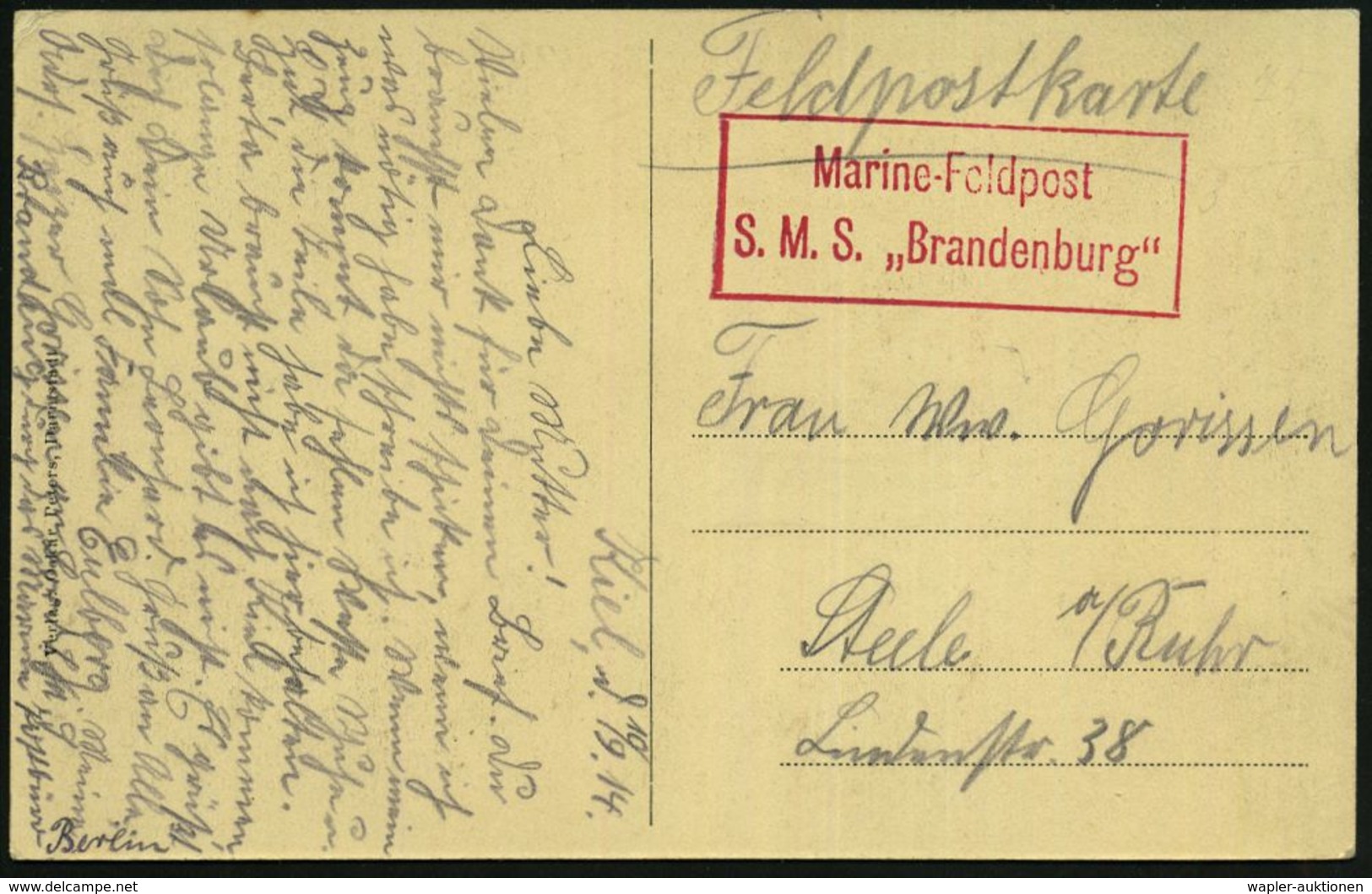 DEUTSCHES REICH 1914 (10.9.) Seltener, Roter Briefstempel, Ra.2: Marine-Feldpost/ S.M.S. "Brandenburg" (= MSP 105) Linie - Schiffahrt