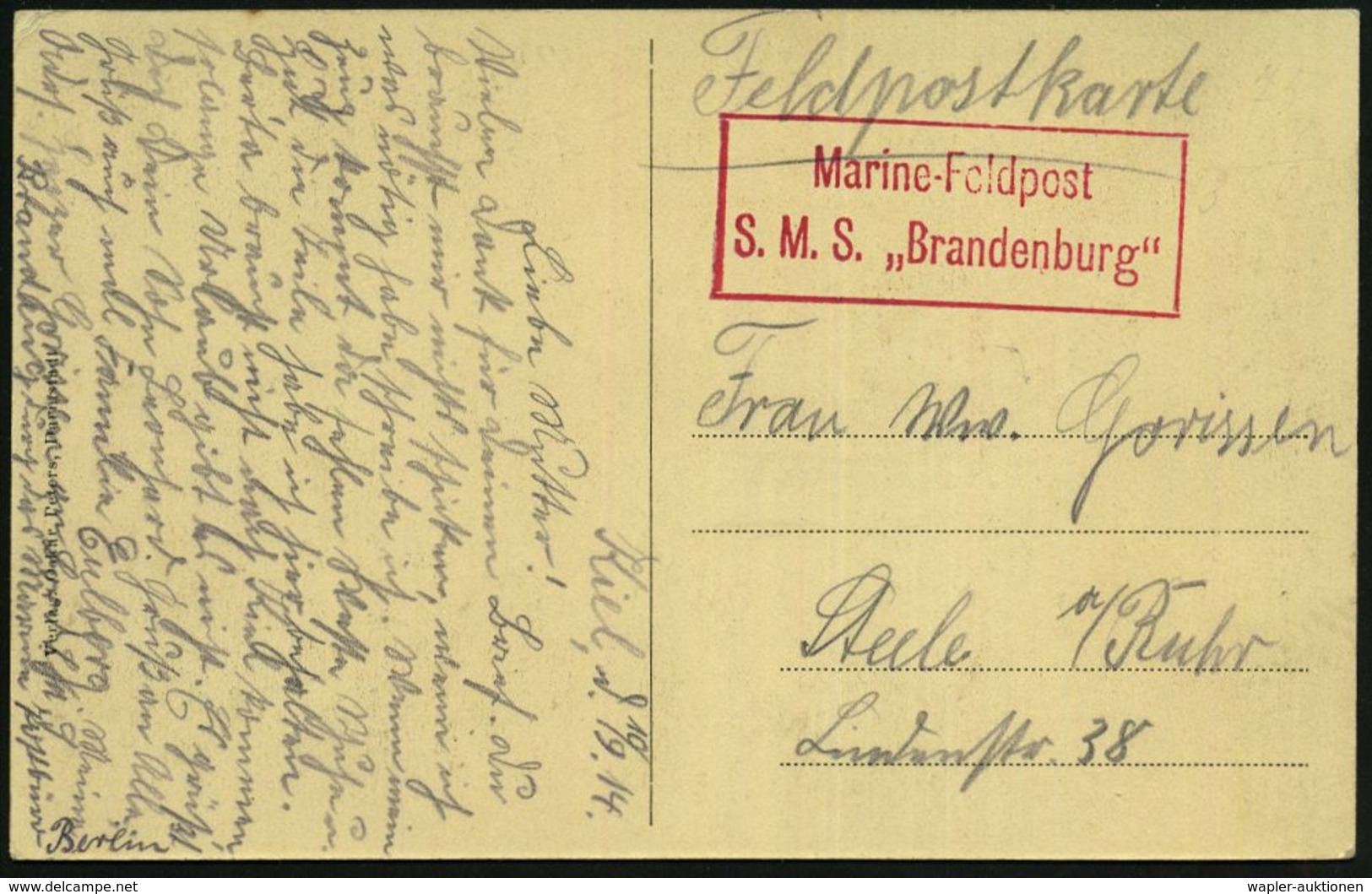 DEUTSCHES REICH 1914 (10.9.) Seltener, Roter Briefstempel, Ra.2: Marine-Feldpost/ S.M.S. "Brandenburg" (= MSP 105) Linie - Marittimi