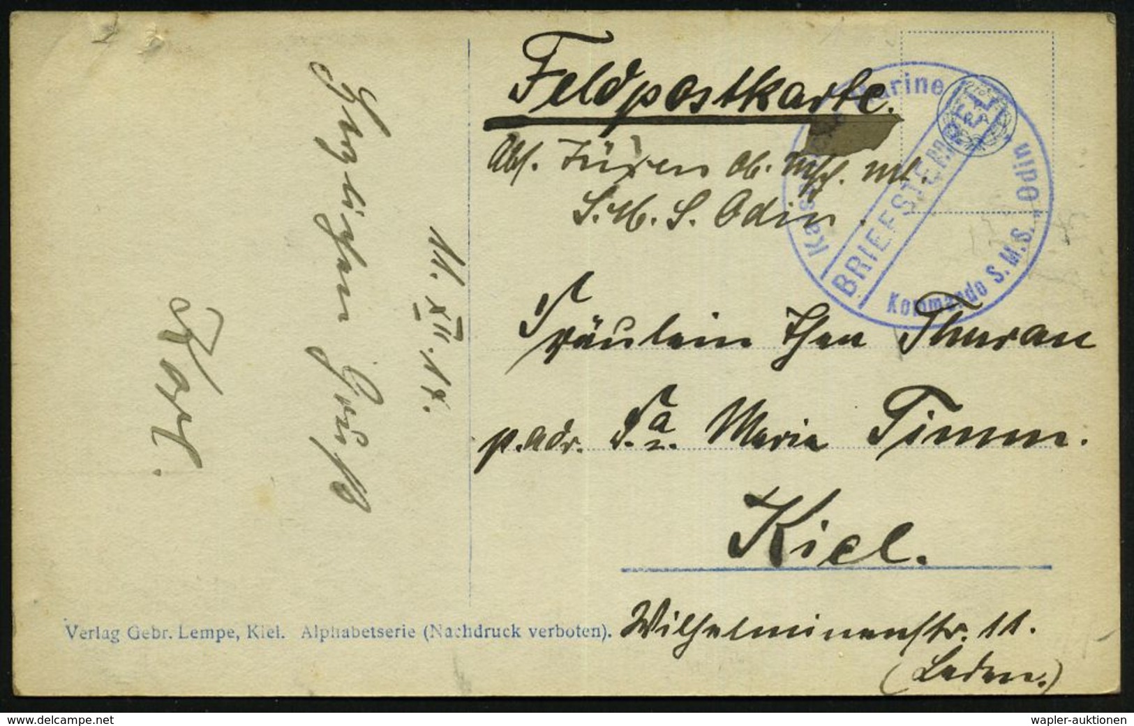DEUTSCHES REICH 1914 (11.12.) Blauer 1K-Brücken-Briefstempel: Kaiserliche Marine/Kommando S.M.S. "Odin" (= MSP No.129) K - Marittimi