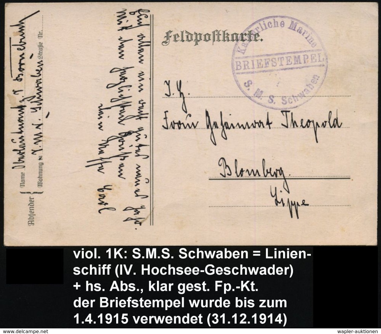 DEUTSCHES REICH 1914 (31.12.) Viol. 1K-Brücke: BRIEFSTEMPEL/ S.M.S. Schwaben = Linienschiff (IV. Hochsee-Geschwader) + H - Maritiem