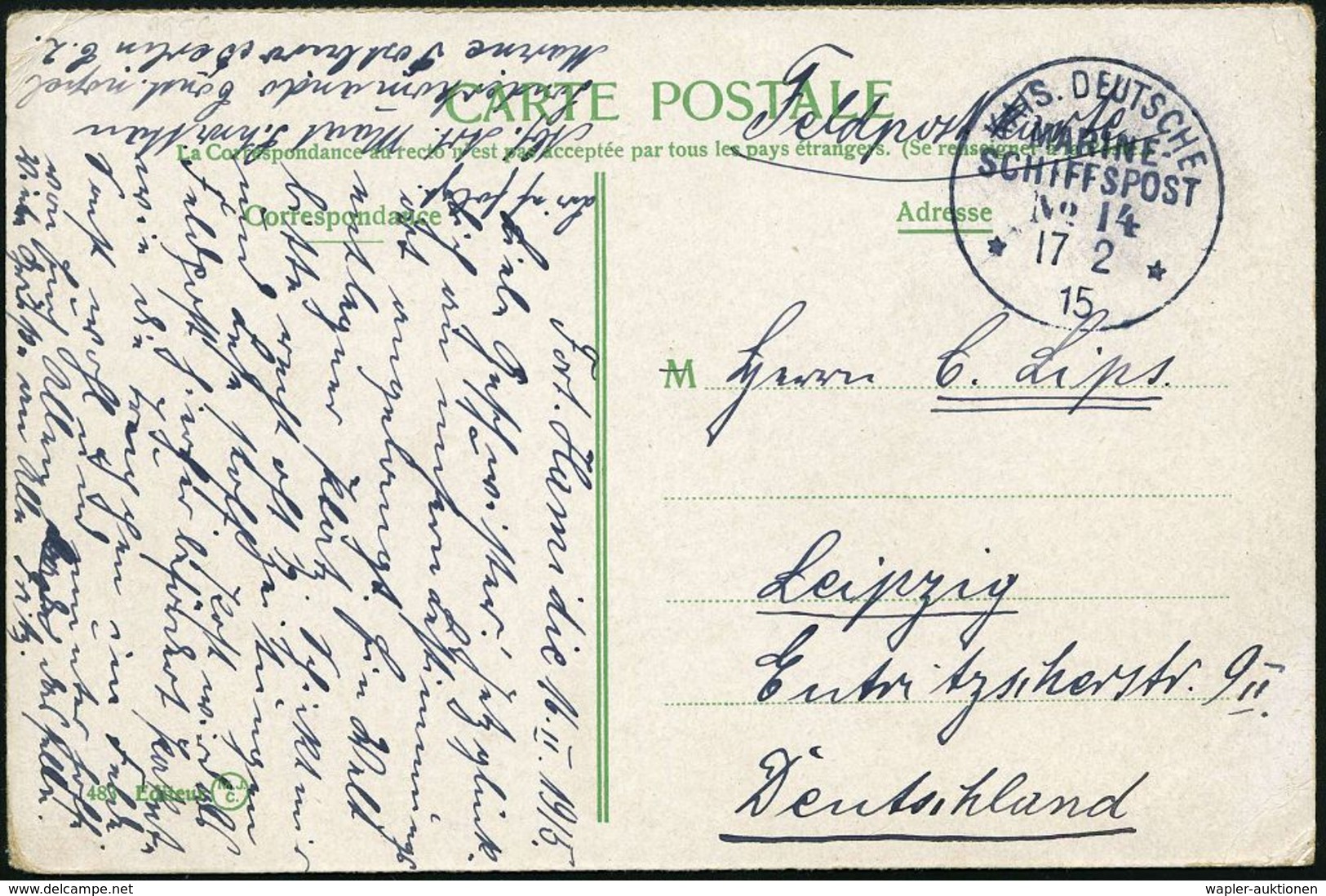 DEUTSCHES REICH 1915 (17.2.) 1K-BPA: KAIS. DEUTSCHE/MARINE-/SCHIFFSPOST/No.14 = Dampfer "General" (Stationsschiff) + Hs. - Maritiem