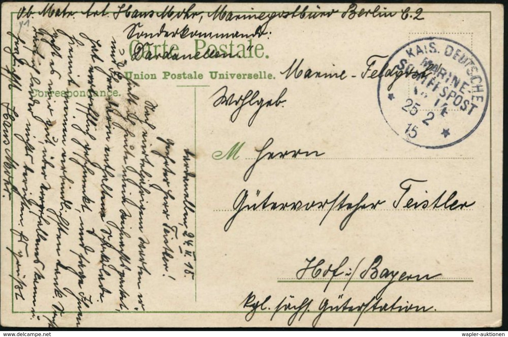 DT.POST TÜRKEI 1915 (25.2.) 1K-BPA: KAIS.DEUTSCHE/MARINE-/SCHIFFSPOST/No.14/** = Dampfer "General" (= Kommando Mittelmee - Schiffahrt