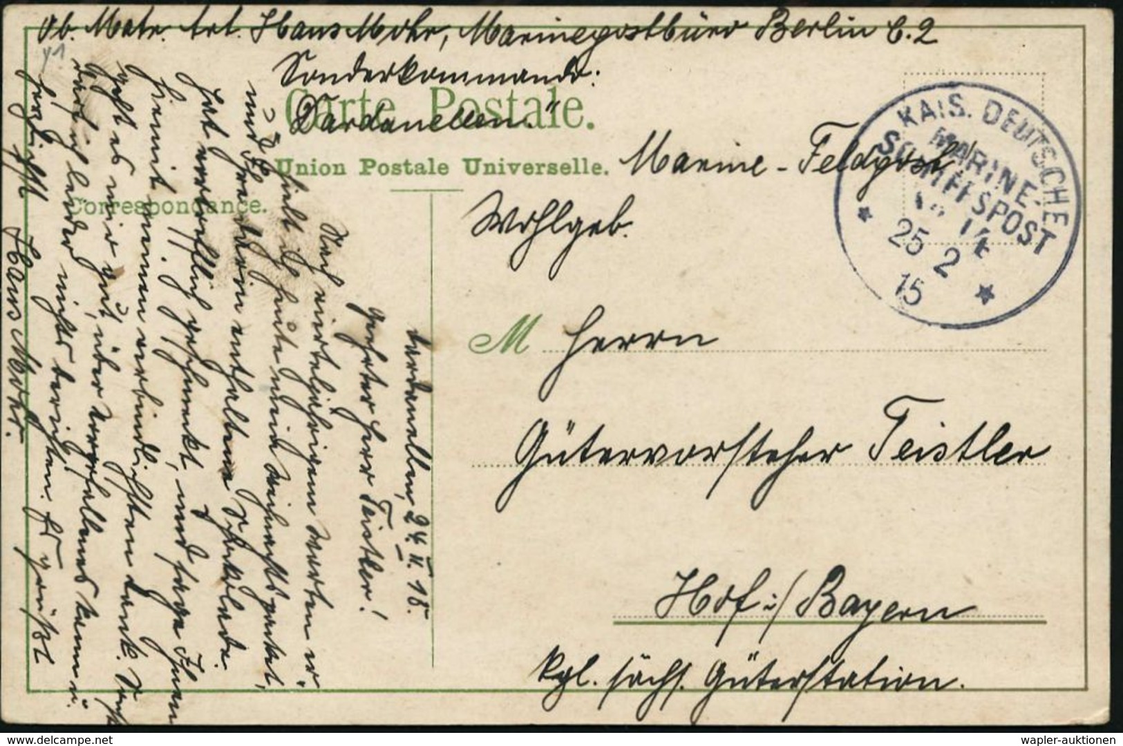 DT.POST TÜRKEI 1915 (25.2.) 1K-BPA: KAIS.DEUTSCHE/MARINE-/SCHIFFSPOST/No.14/** = Dampfer "General" (= Kommando Mittelmee - Marittimi