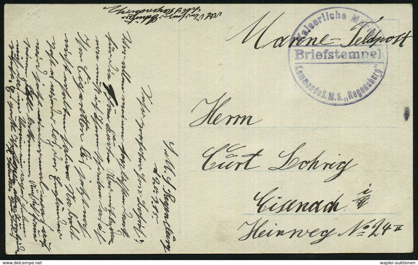 DEUTSCHES REICH 1915 (20.3.) Viol. 1K-Brücken-Briefstempel: Kaiserliche Marine/Kommando S.M.S. "Regensburg" (= MSP No.20 - Schiffahrt