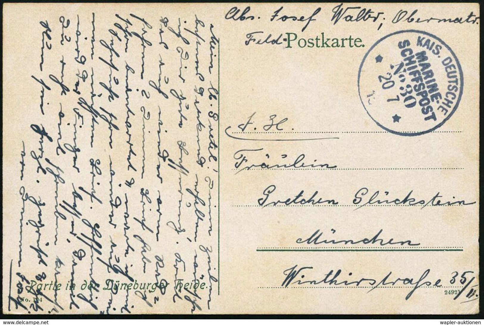 DEUTSCHES REICH 1915 (20.7.) 1K-BPA.: KAIS. DEUTSCHE/MARINE-/SCHIFFSPOST/No.30 = S.M.S. "Rheinland", Linienschiff (Apr.  - Maritiem