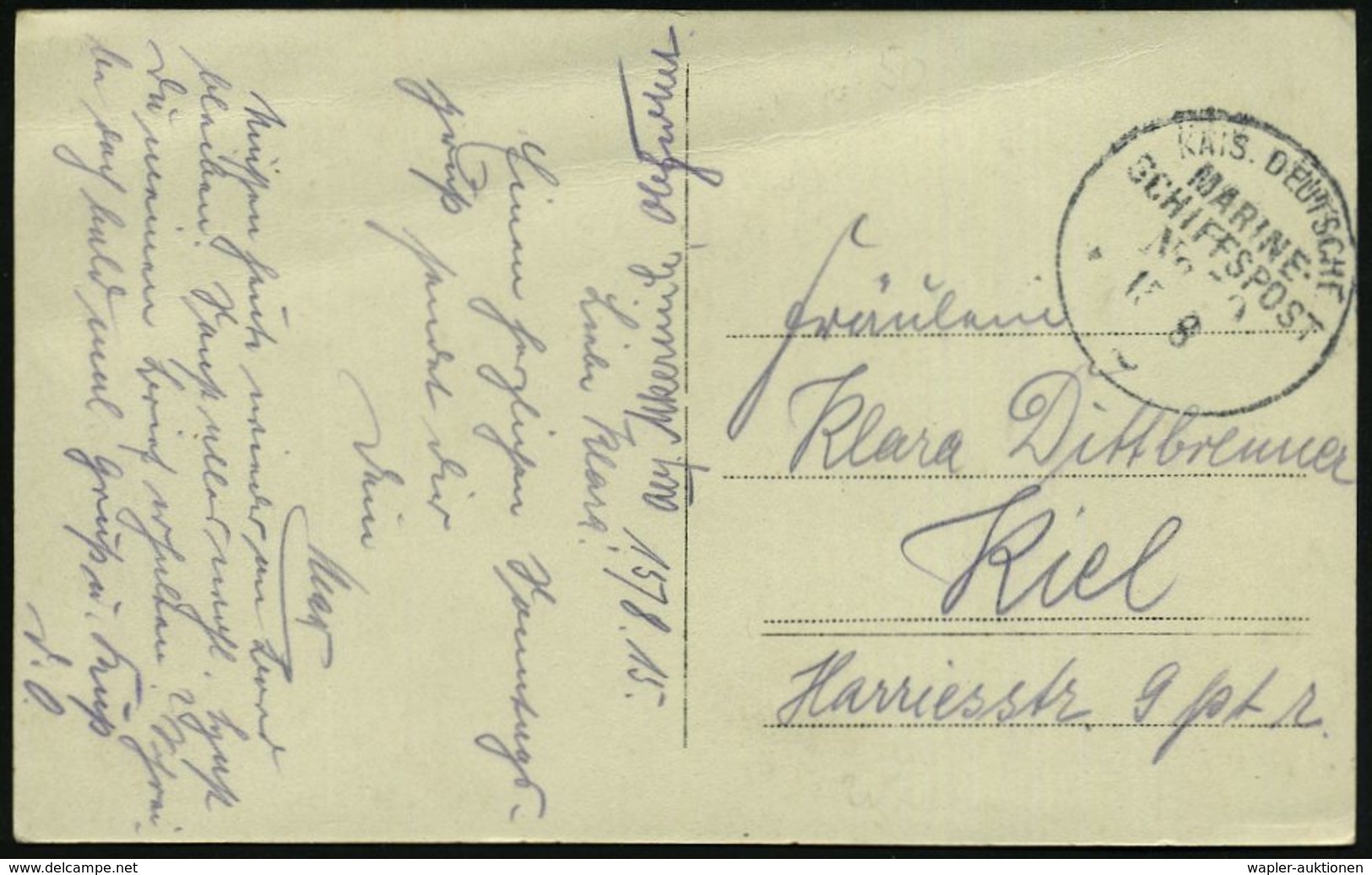 DEUTSCHES REICH 1915 (15.8.) 1K-BPA: KAIS. DEUTSCHE/MARINE-/SCHIFFSPOST No.50 = S.M.S. "Wettin", Linienschiff (Nr. Teils - Marittimi