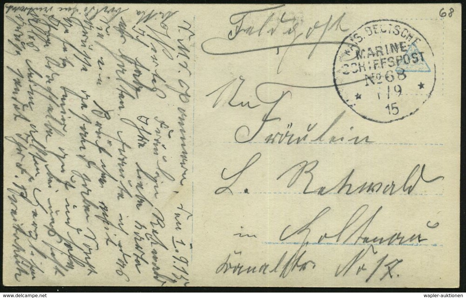 DEUTSCHES REICH 1915 (1.9.) 1K-BPA: KAIS. DEUTSCHE/MARINE-/SCHIFFSPOST/No. 68 = S.M.S. "Pommern", Linienschiff, Am 1.6.1 - Maritiem