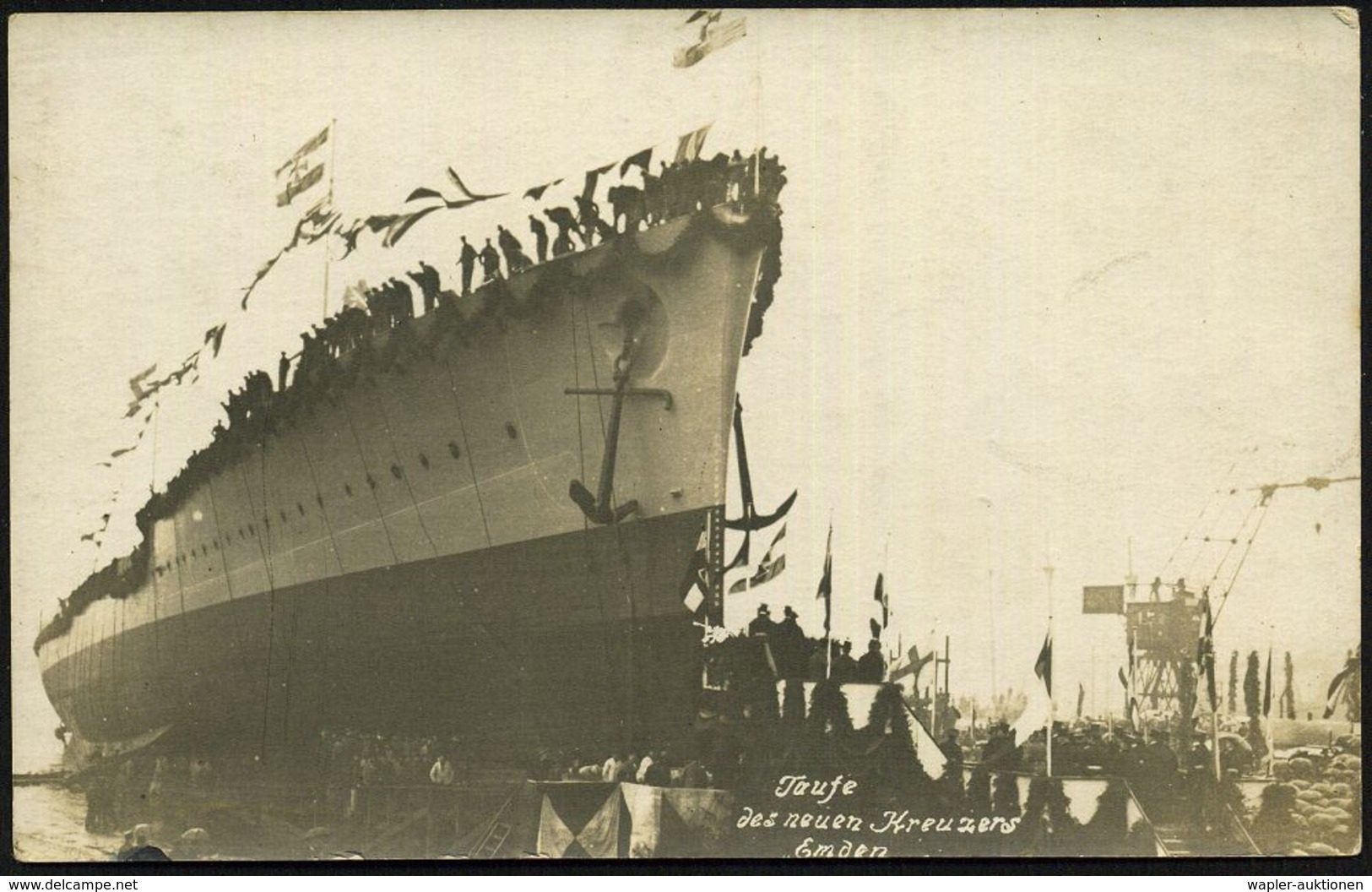 DEUTSCHES REICH 1916 (1.2.) S/w.-Foto-Ak.: Taufe Des Neuen Kreuzers Emden (M.S.P. No.25) = Neubau Kleiner Kreuzer "Emden - Maritiem