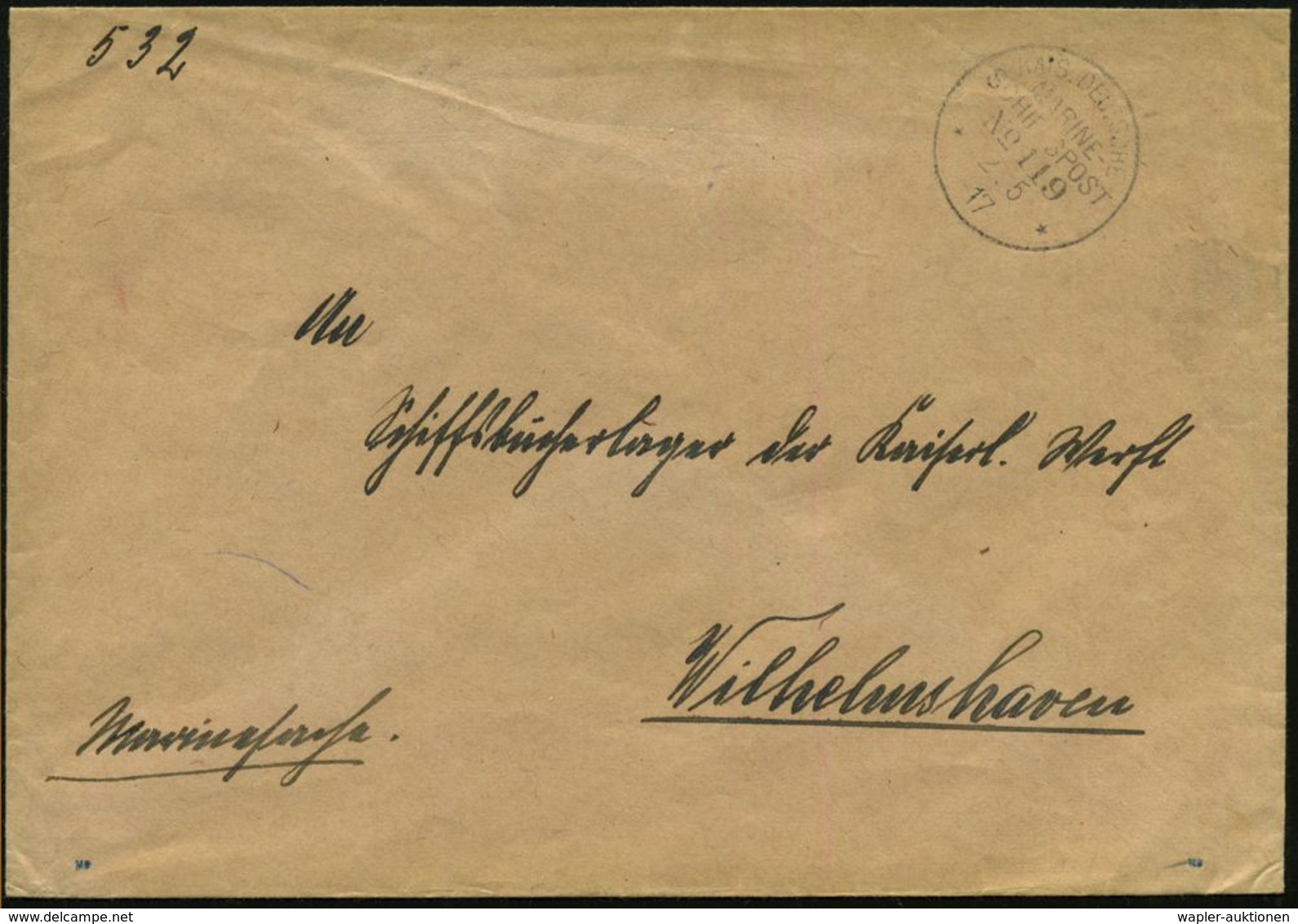 DEUTSCHES REICH 1917 (2.5.) 1K-BPA: KAIS. DEUTSCHES/MARINE-/SCHIFFSPOST/No.119 = Hilfs-Lazarettschiff (B) "Portia", Ehem - Maritiem