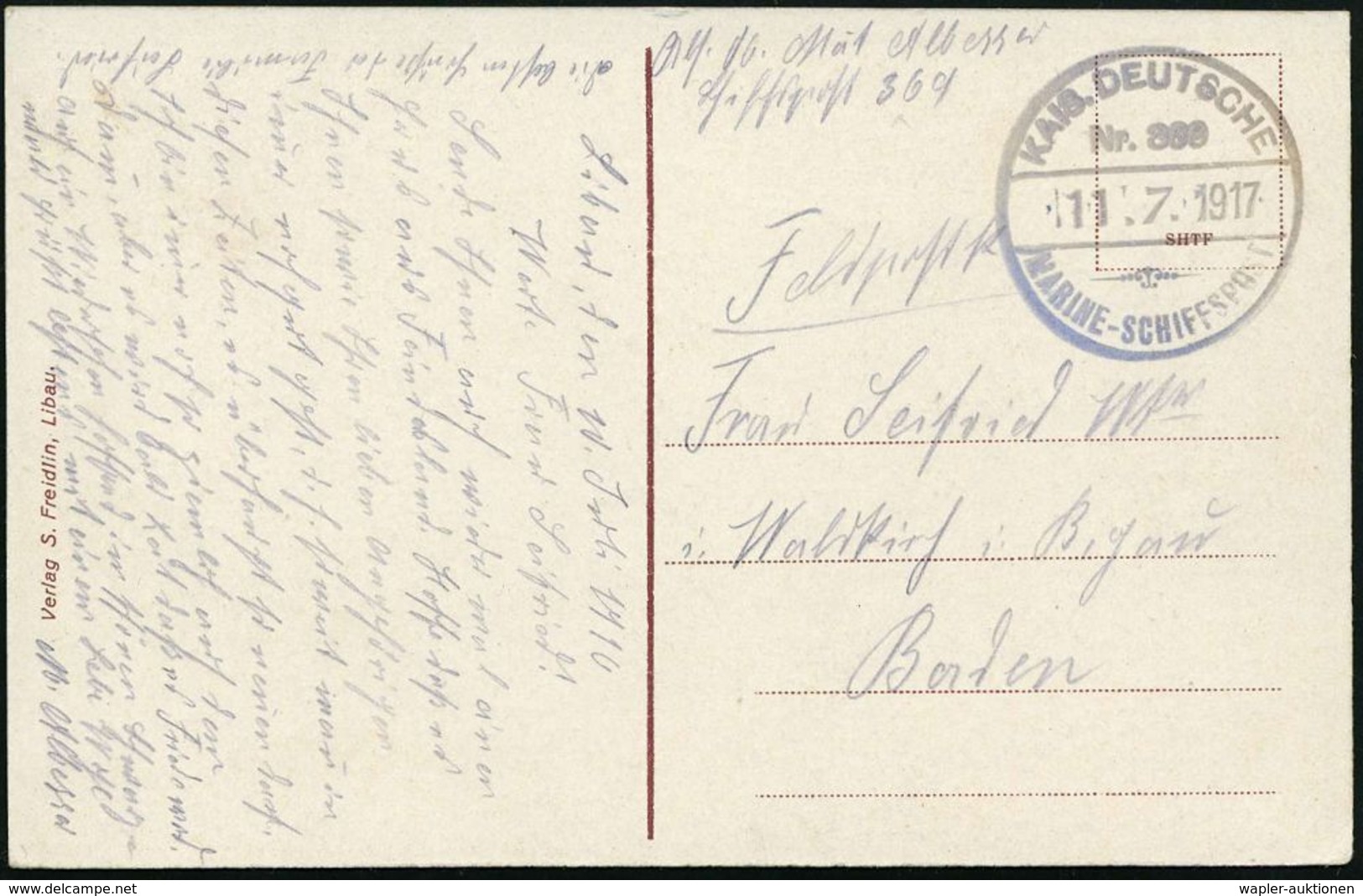 DEUTSCHES REICH 1917 (11.7.) Provis. Gummi-1K-Brücken-Briefstempel.: KAIS. DEUTSCHE/Nr. 369/MARINE-SCHIFFSPOST = Torpedo - Maritime