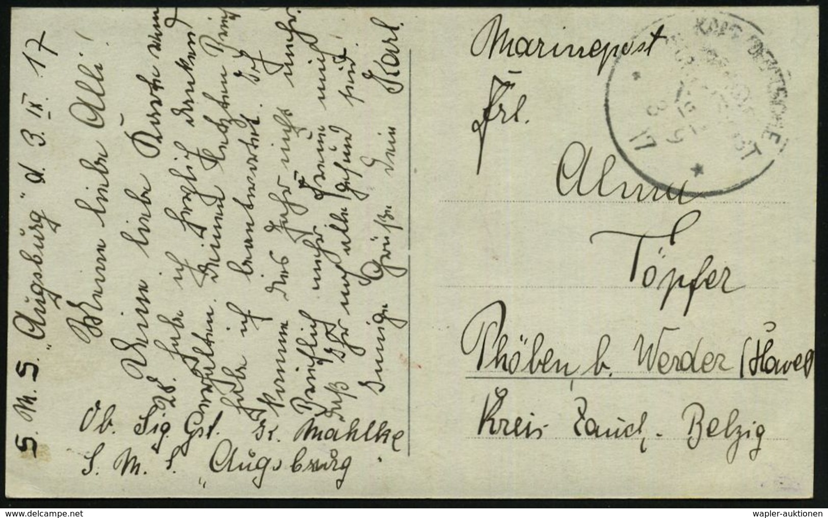 DEUTSCHES REICH 1917 (3.9.) 1K-BPA: KAIS. DEUTSCHE/MARINE-/SCHIFFSPOST/No.2 (teils Etw. Undeutl.) = Kleiner Kreuzer, Sta - Maritiem