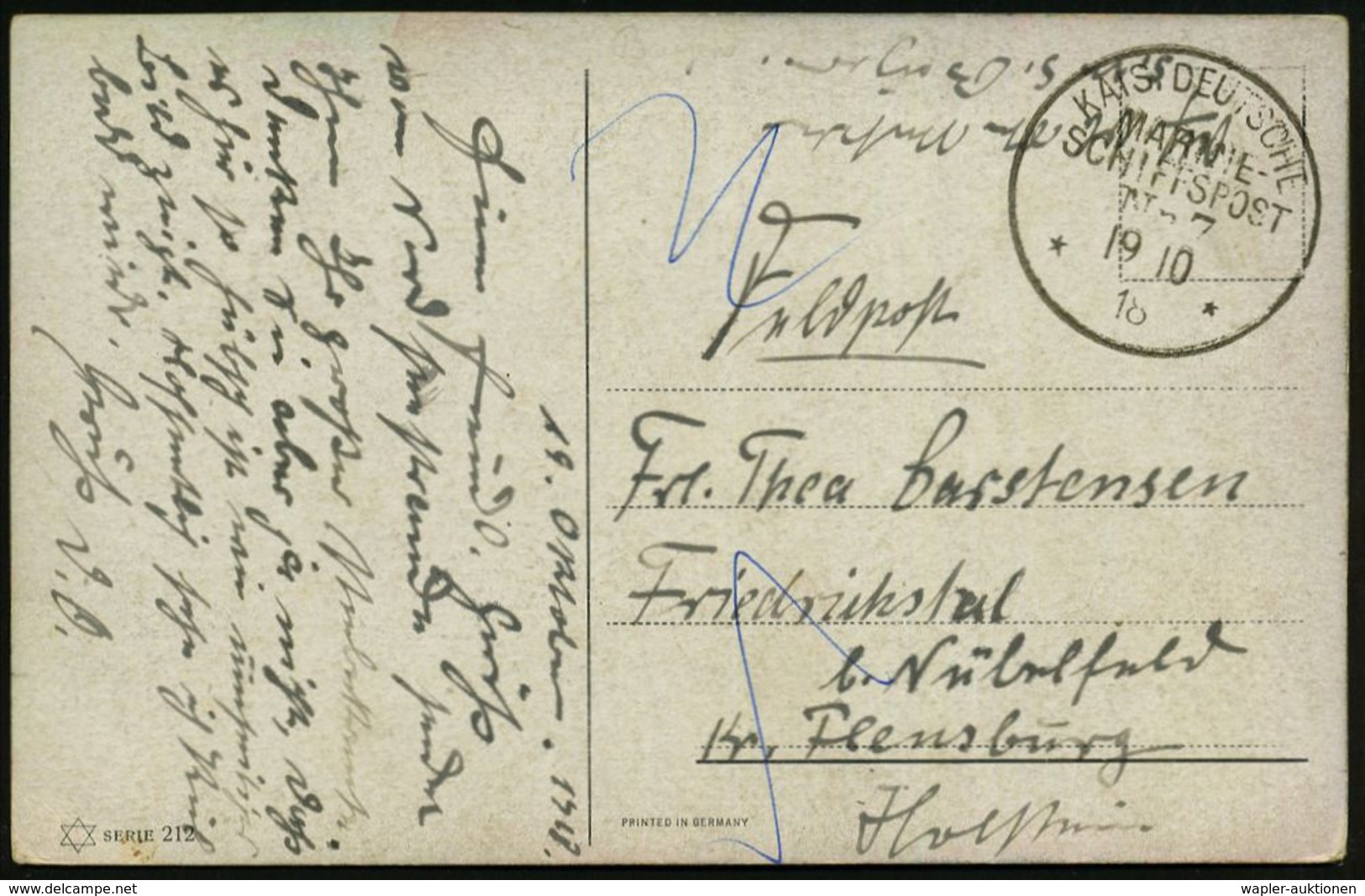 DEUTSCHES REICH 1918 (19.10.) 1K-BPA.: KAIS. DEUTSCHE/MARINE-/SCHIFFSPOST/No.7/** = Linienschiff + Hs. Abs., Späte Feldp - Schiffahrt