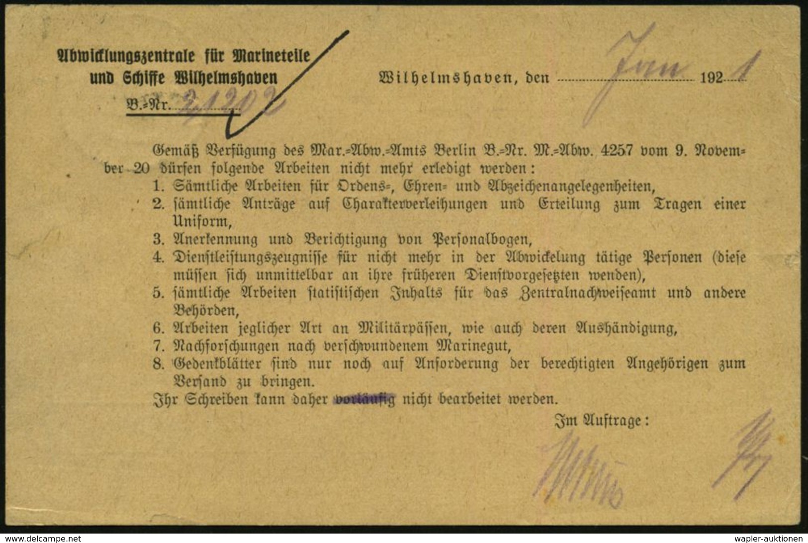 WILHELMSHAVEN/ **k 1921 (4.2.) 1K-Brücke Auf EF 10 Pf. Dienst + Viol. 1K-HdN: Kaiserliche Marine/Abwicklungsamt/..Matr.  - Maritiem