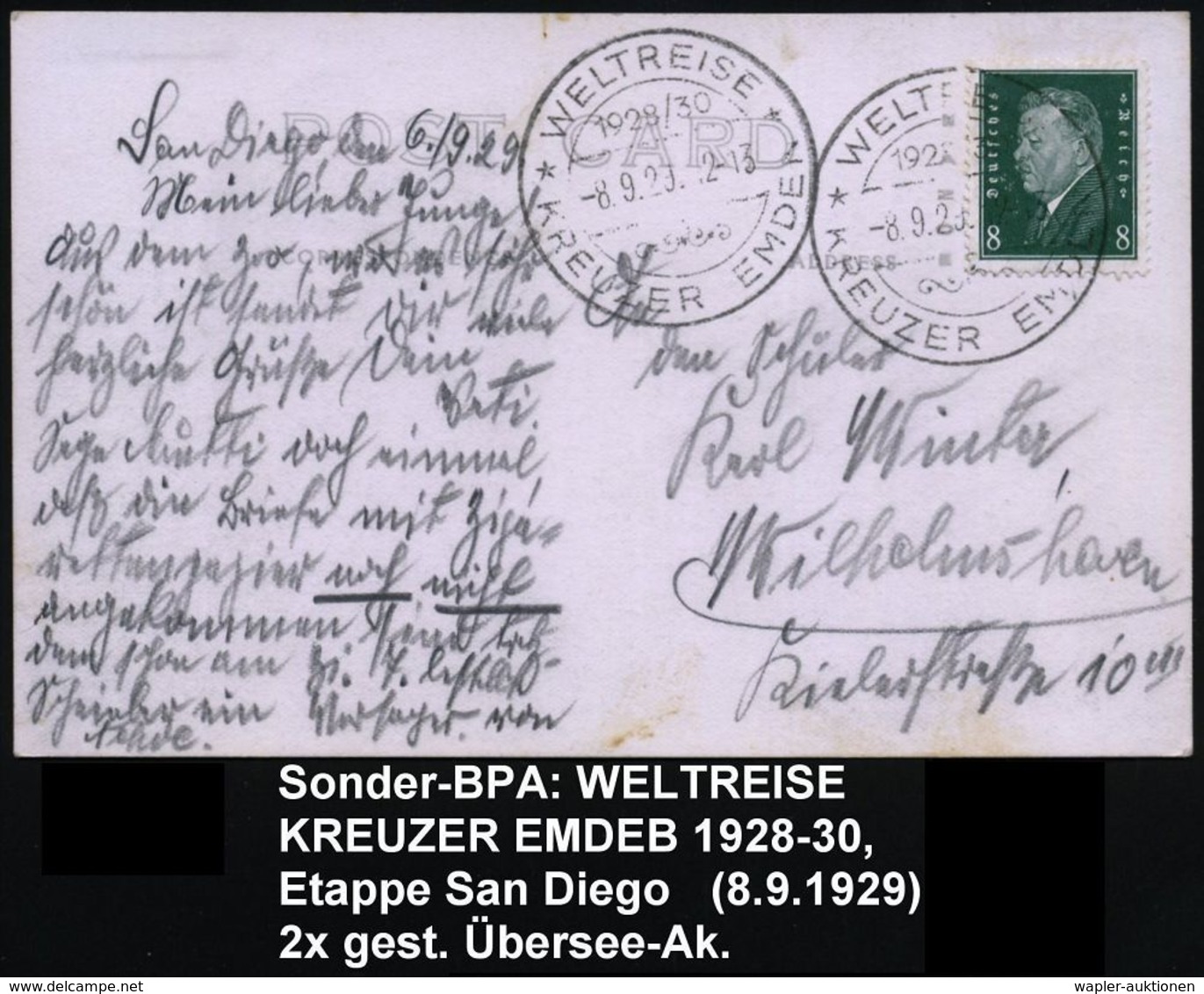 DEUTSCHES REICH /  U.S.A. 1929 (8.9.) 2K-BPA, Sonderstempel: WELTREISE/*KREUZER EMDEN* = Leichter Kreuzer , 2x BPA Auf E - Schiffahrt