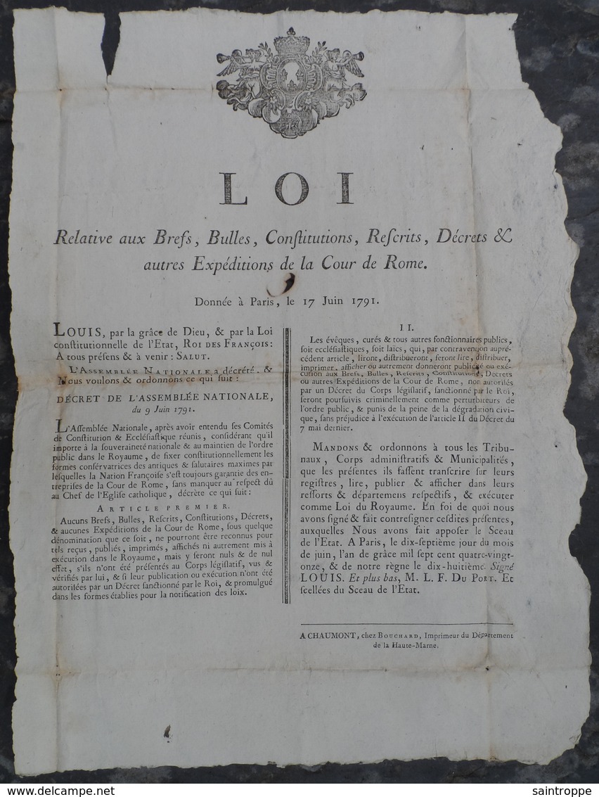 Grand Document De 1791.Loi / Brefs, Bulles, Constitutions, Rescrits, Décrets & Autres Expéditions. - Documents Historiques