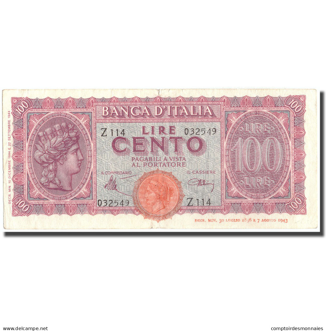 Billet, Italie, 100 Lire, 1944, 1944-12-10, KM:75a, TTB - 100 Lire