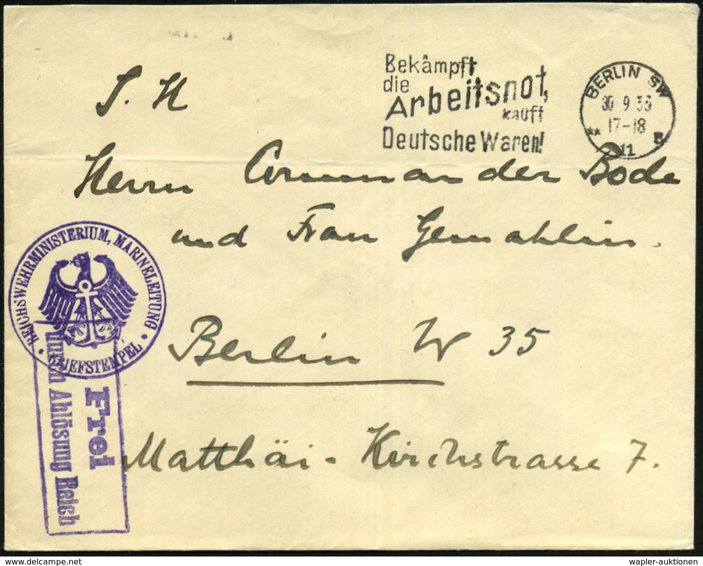 BERLIN SW/ **11/ R/ Bekämpft/ Die Arbeitsnot/ Kauft/ Deutsche Waren 1933 (4.10.) MWSt + Viol. 1K-HdN: REICHSWEHRMINISTER - Maritime