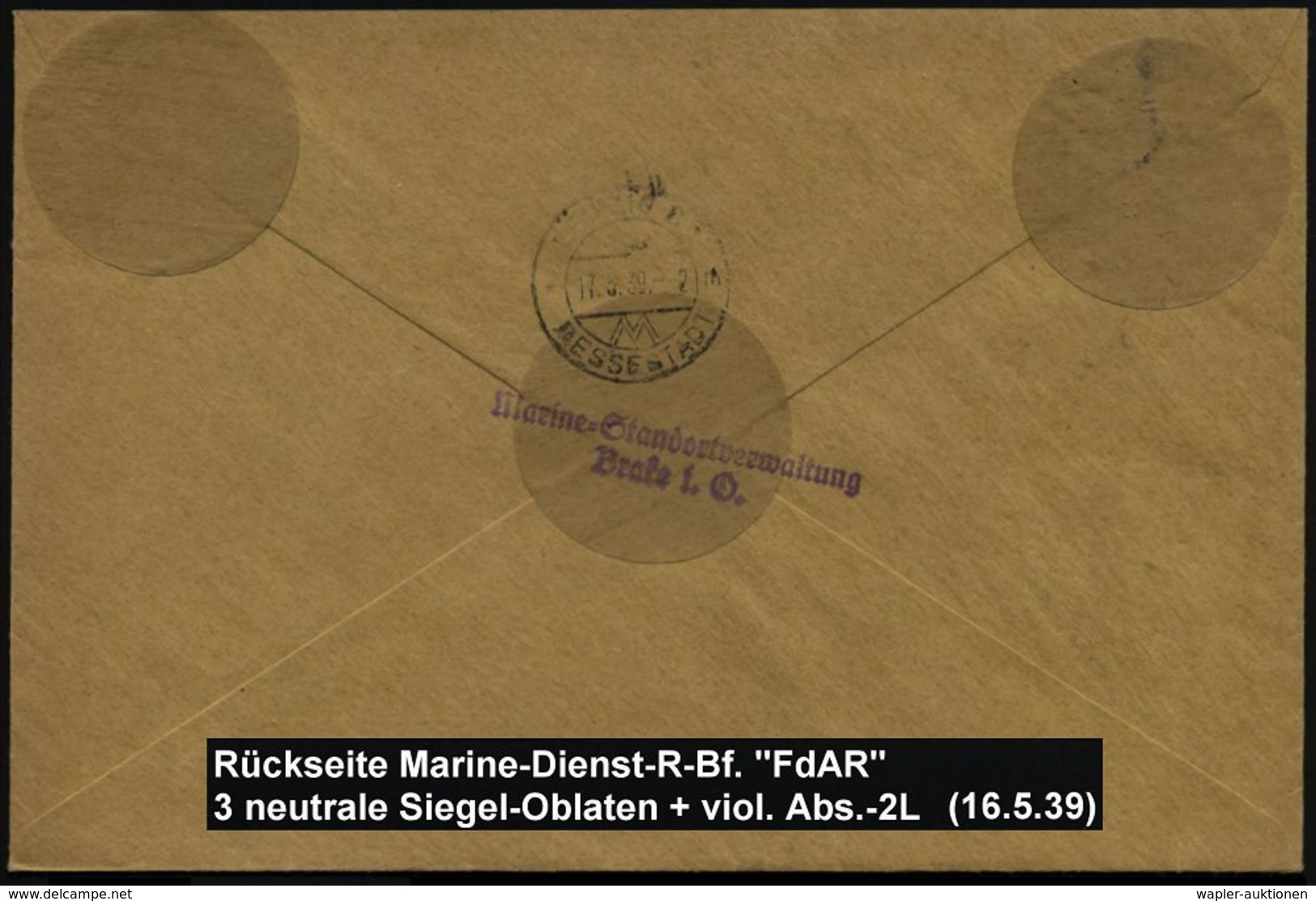 BRAKE (OLDB)/ A 1939 (16.5.) 2K-Steg + RZ: Brake (Oldb) + Viol. Ra.: FdA/R/Marine-Standortverwaltung.. + 2 Weitere Viol. - Maritiem